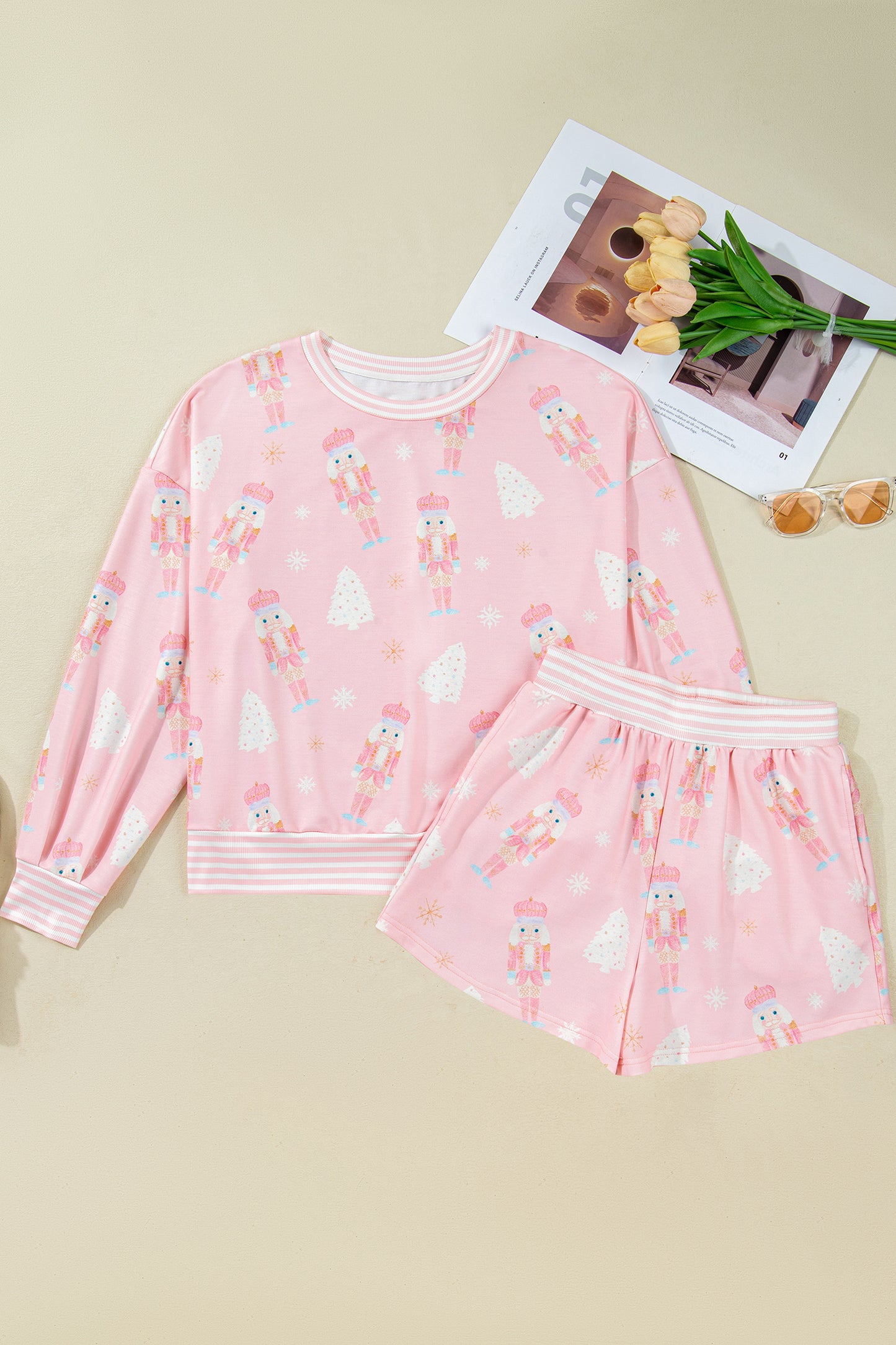 Pink Christmas Tree Nutcracker Doll Print Contrast Trim Long Sleeve Top Matching Shorts Set-Two Piece Sets/Short Sets-[Adult]-[Female]-2022 Online Blue Zone Planet