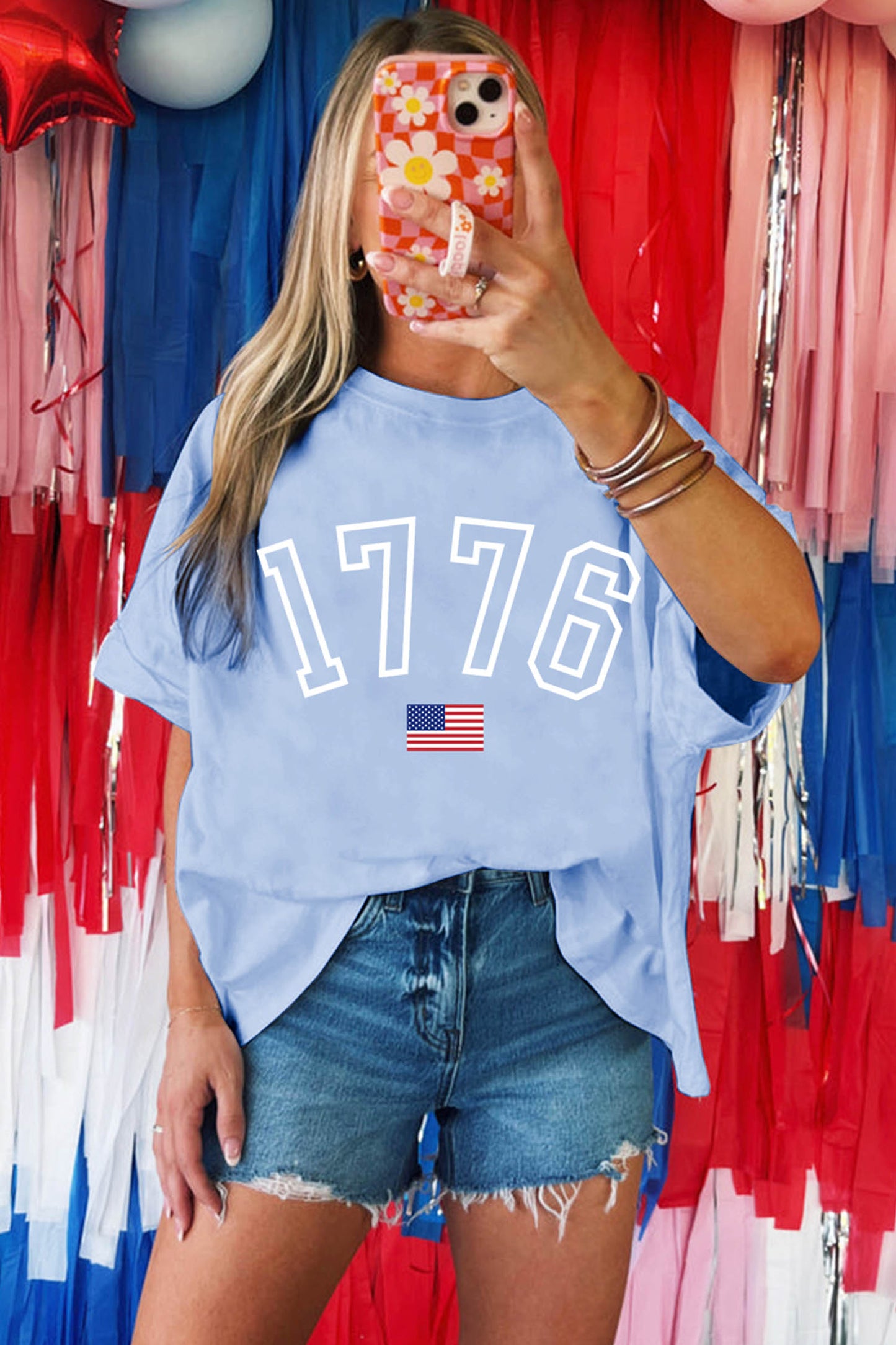 Myosotis 1776 American Flag Print Oversized Tee-Graphic/Graphic Tees-[Adult]-[Female]-2022 Online Blue Zone Planet