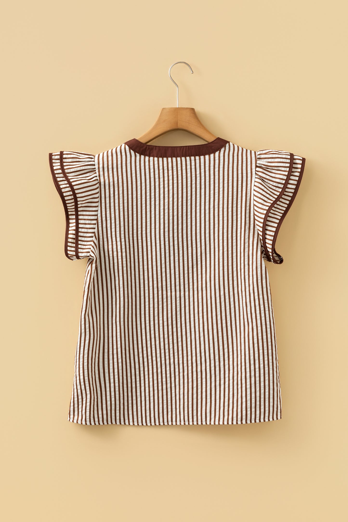 Khaki Stripe Double Ruffled Short Sleeve V Neck Blouse-Tops/Blouses & Shirts-[Adult]-[Female]-2022 Online Blue Zone Planet