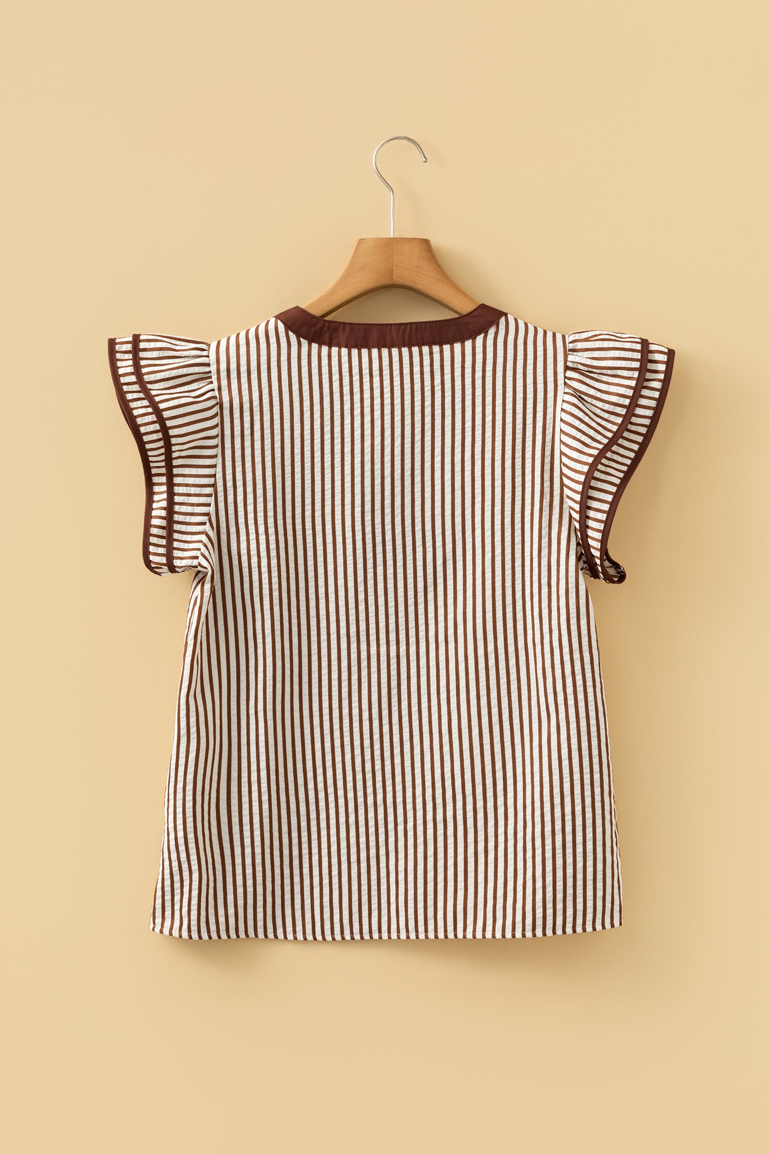 Khaki Stripe Double Ruffled Short Sleeve V Neck Blouse-Tops/Blouses & Shirts-[Adult]-[Female]-2022 Online Blue Zone Planet