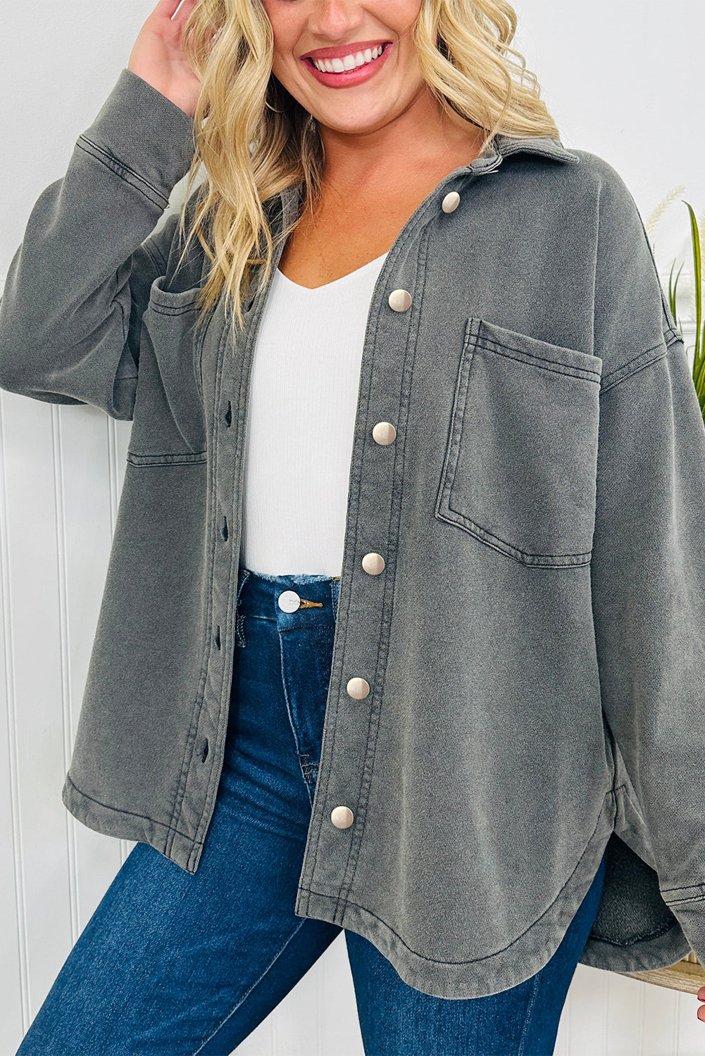 Medium Grey Mineral Wash Chest Pockets Drop Shoulder Shacket with Side Slit-Outerwear/Jackets-[Adult]-[Female]-Medium Grey-S-2022 Online Blue Zone Planet