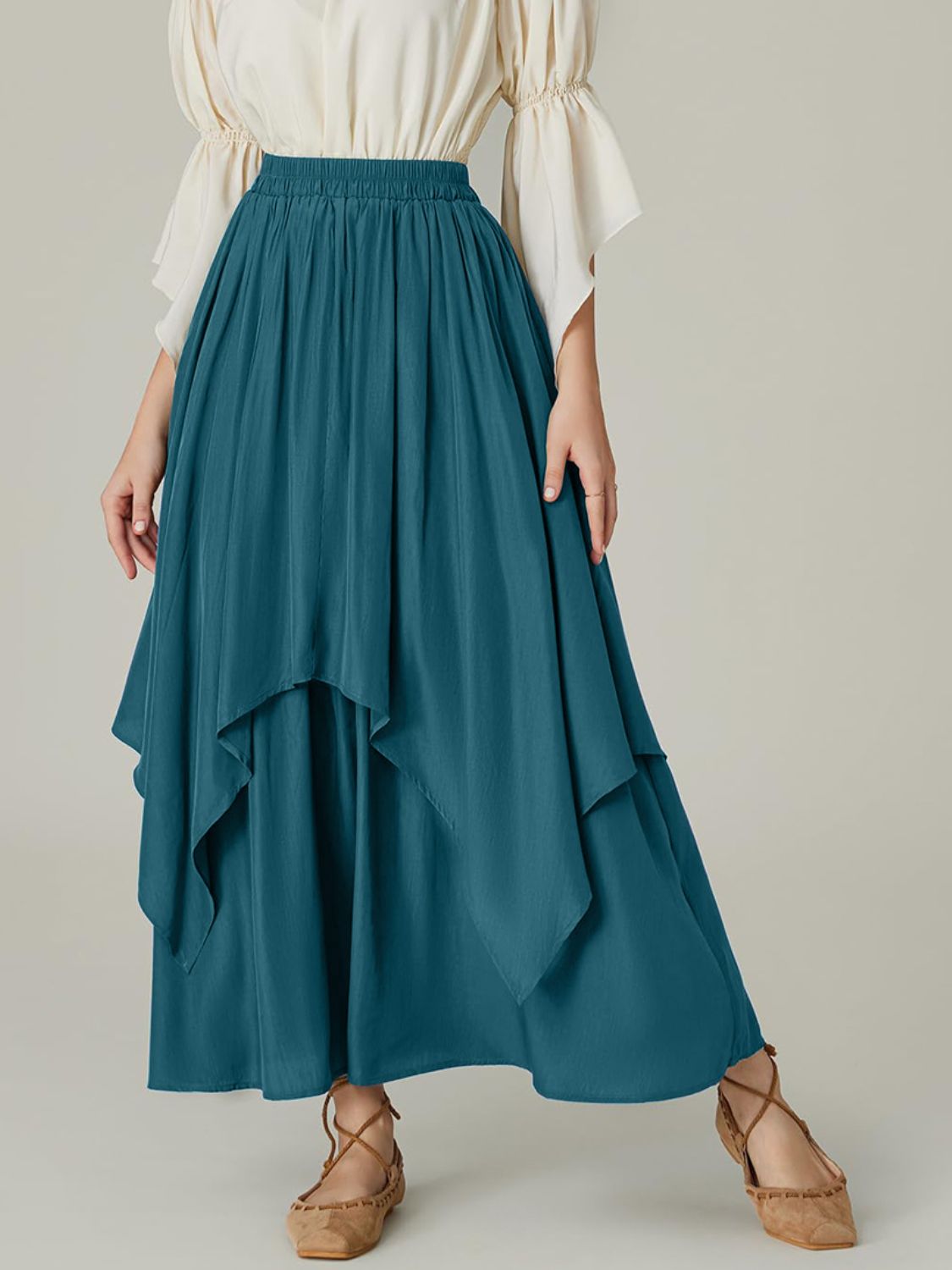 Blue Zone Planet | Smocked Waist Band Ruched Layered Skirt-TOPS / DRESSES-[Adult]-[Female]-Deep Teal-S-2022 Online Blue Zone Planet