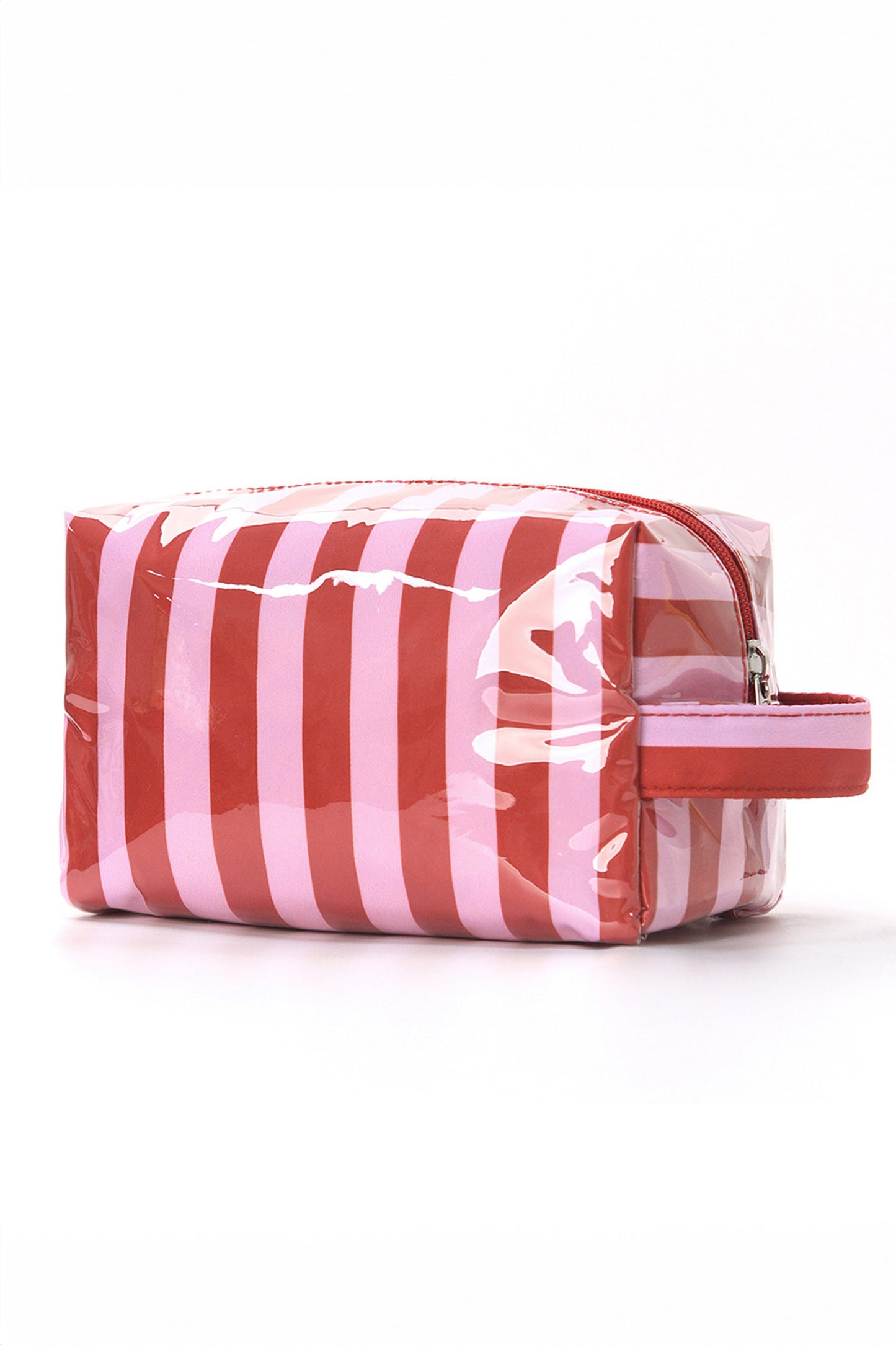 Light Pink PVC Striped Cosmetic Bag Durable Zipper Handle Travel Organizer