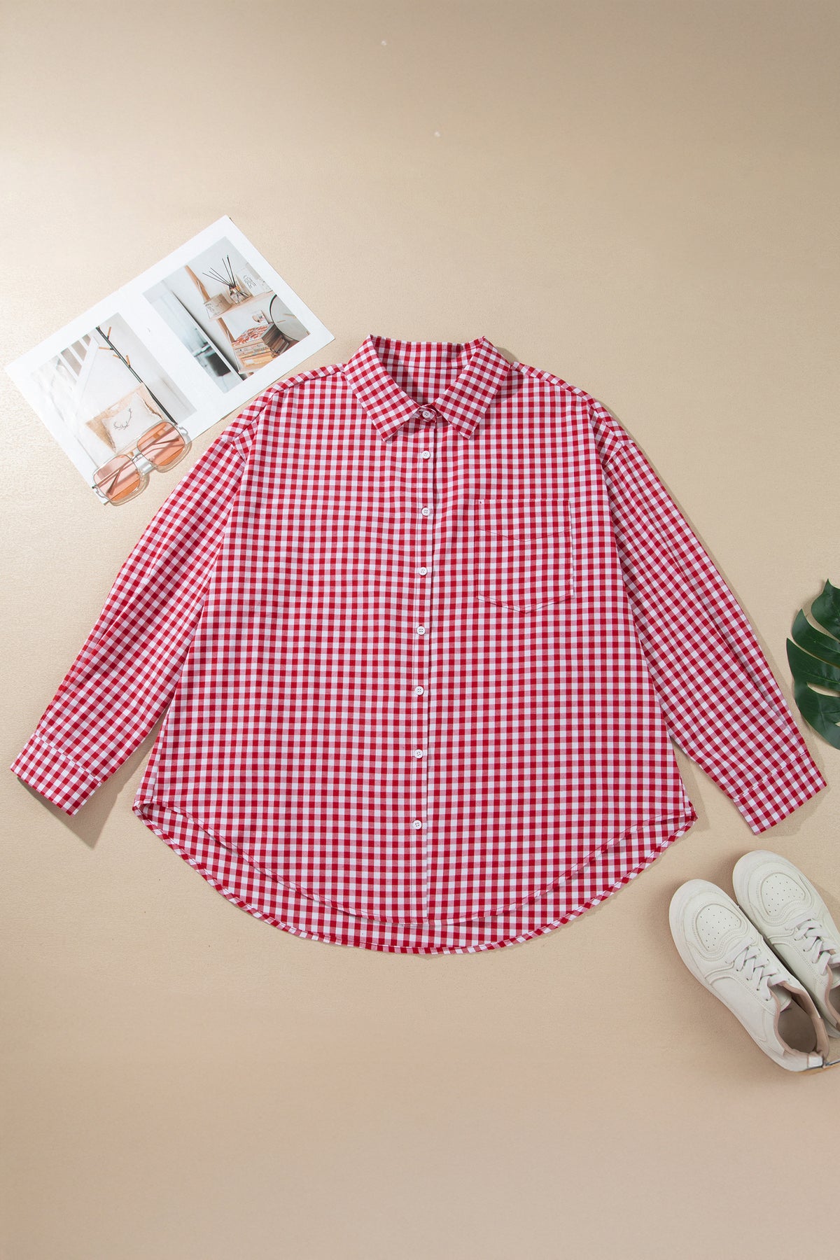 Red Plaid V Neck Long Sleeve Tunic Loose Fit Plus Size Shirt-Plus Size/Plus Size Tops/Plus Size Blouses & Shirts-[Adult]-[Female]-2022 Online Blue Zone Planet