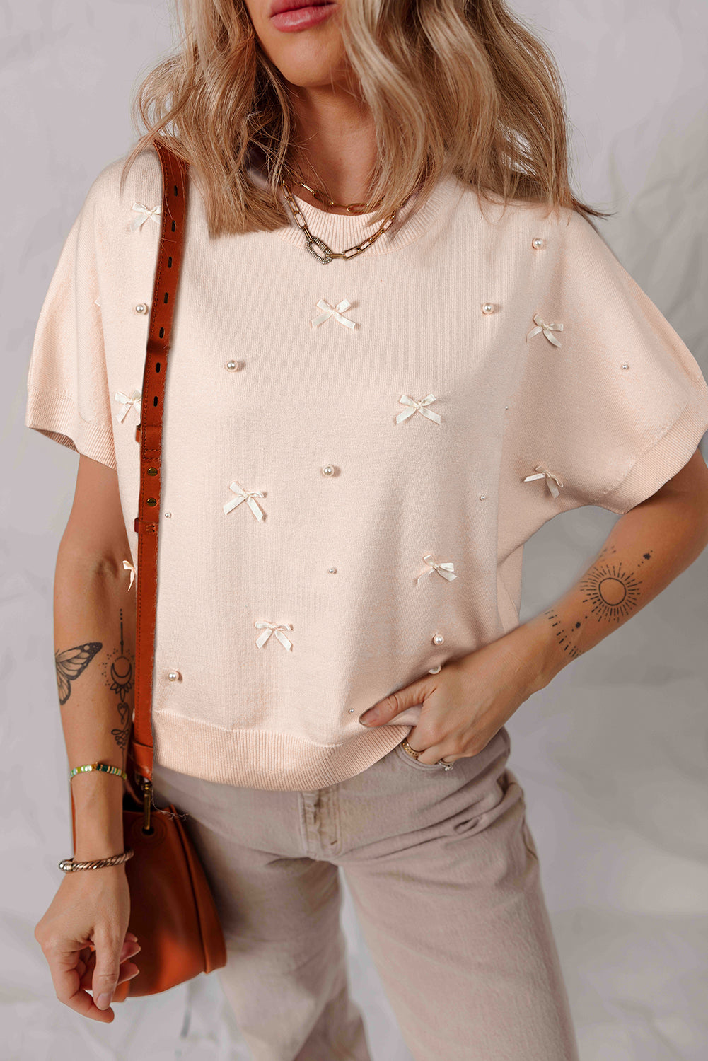 Oatmeal Pearl Bow Embellished Dolman Short Sleeve Sweater-TOPS / DRESSES-[Adult]-[Female]-Oatmeal-S-2022 Online Blue Zone Planet