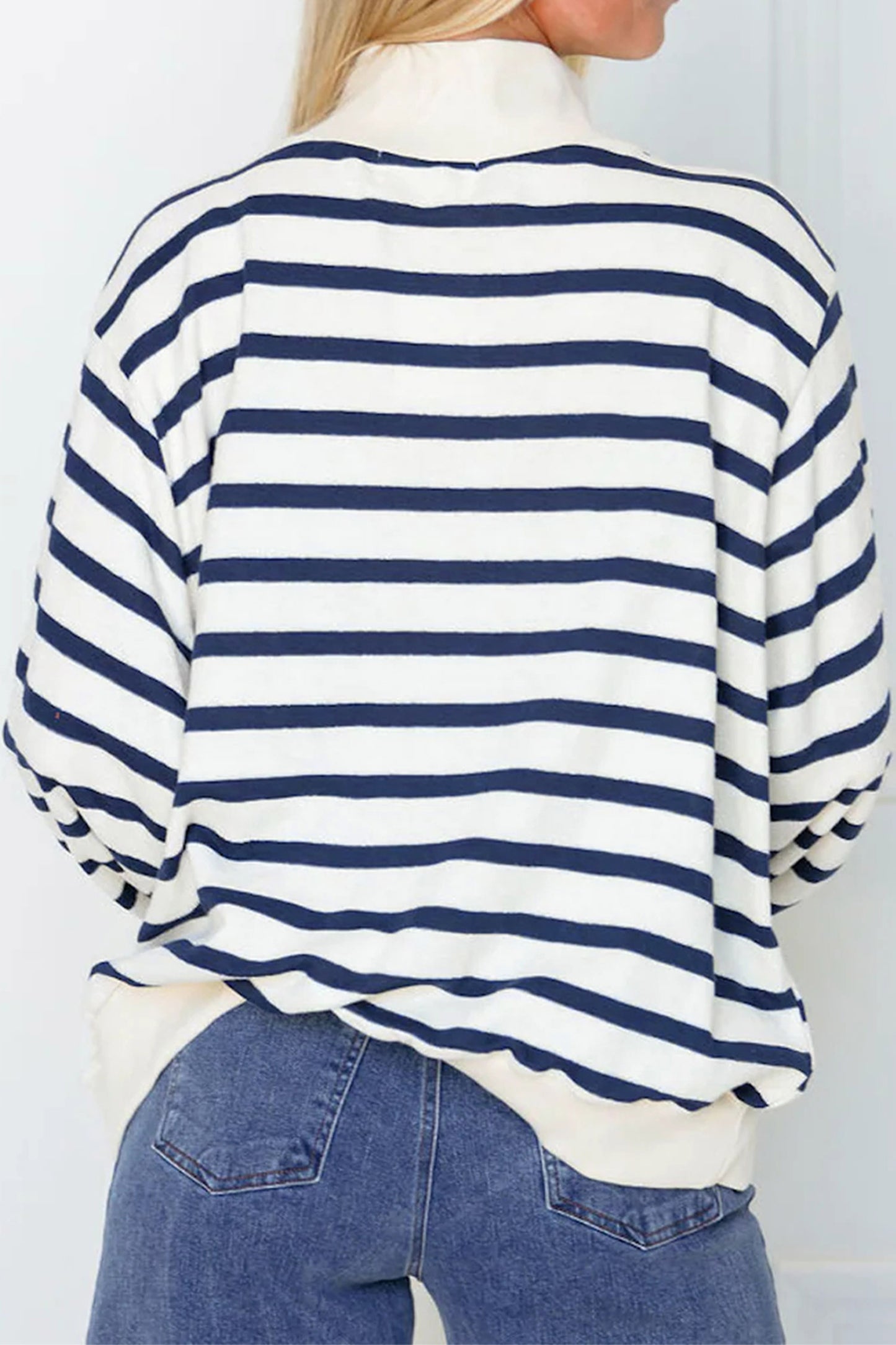 Blue Stripe Sequin Rugby Print Mock Neck Casual Sweatshirt-Graphic/Graphic Sweatshirts-[Adult]-[Female]-2022 Online Blue Zone Planet