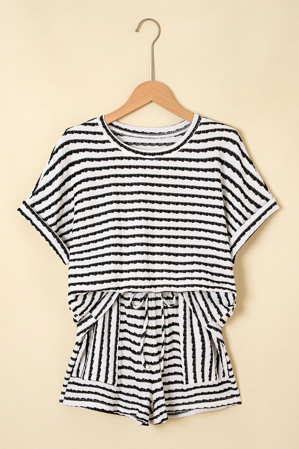 Black Stripe Knitted Short Sleeve Top and Drawstring Shorts Set-Two Piece Sets/Short Sets-[Adult]-[Female]-2022 Online Blue Zone Planet