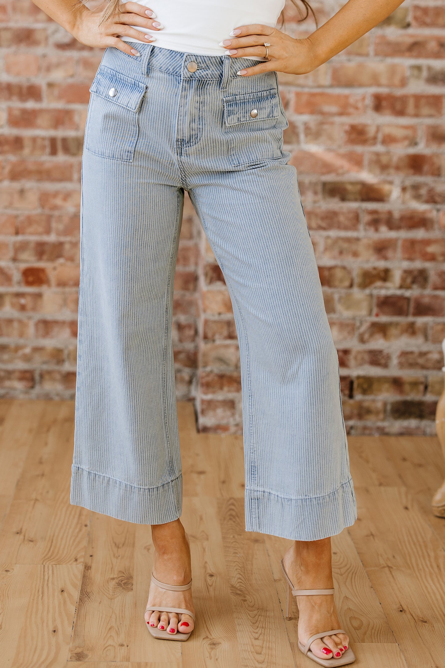 Sky Blue Stripe Button Flap Pocket Cuffed Hem Wide Leg Jeans-Bottoms/Jeans-[Adult]-[Female]-2022 Online Blue Zone Planet