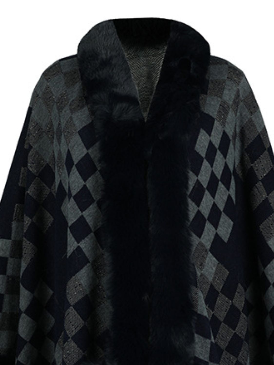 Fuzzy Checkered Long Sleeve Poncho-TOPS / DRESSES-[Adult]-[Female]-Dark Navy-One Size-2022 Online Blue Zone Planet