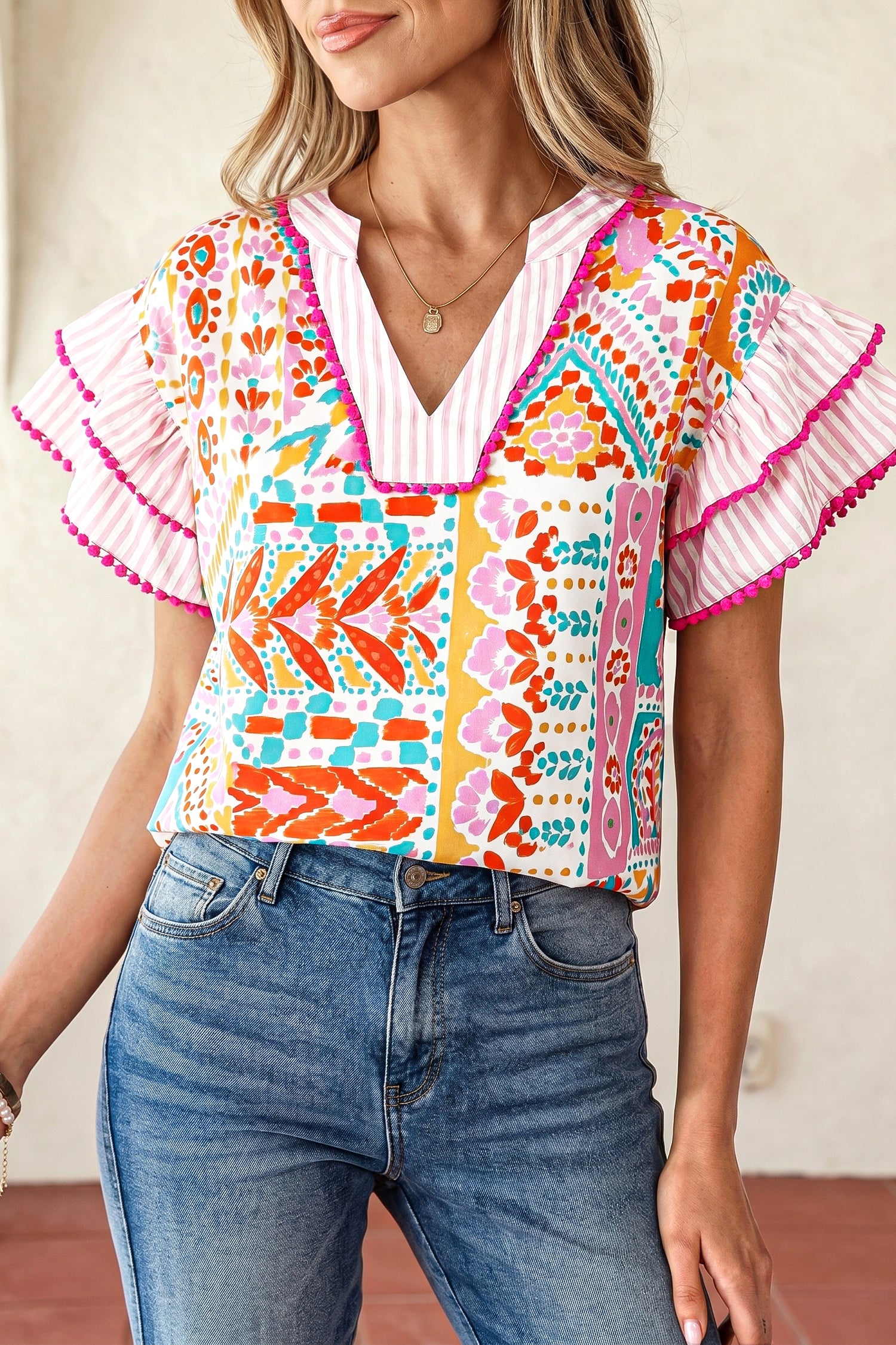 Rose Boho Mixed Print Contrast Trim Striped Patchwork Tiered Short Sleeve Blouse-Tops/Blouses & Shirts-[Adult]-[Female]-Rose-S-2022 Online Blue Zone Planet