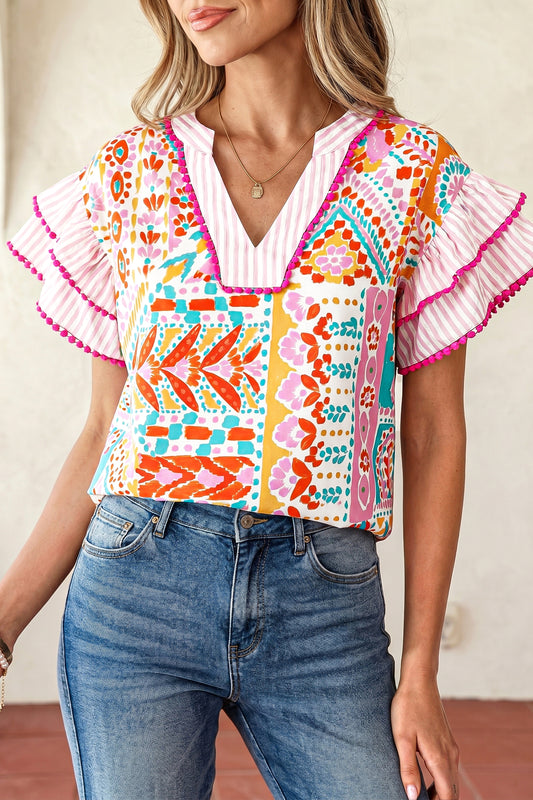 Rose Boho Mixed Print Contrast Trim Striped Patchwork Tiered Short Sleeve Blouse-Tops/Blouses & Shirts-[Adult]-[Female]-Rose-S-2022 Online Blue Zone Planet