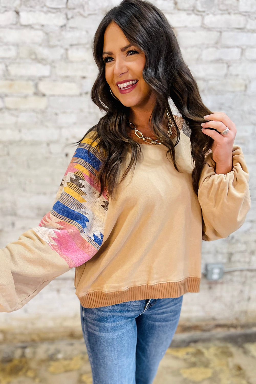 Light French Beige Aztec Patchwork Raglan Pullover Sweatshirt-Tops/Sweatshirts & Hoodies-[Adult]-[Female]-2022 Online Blue Zone Planet