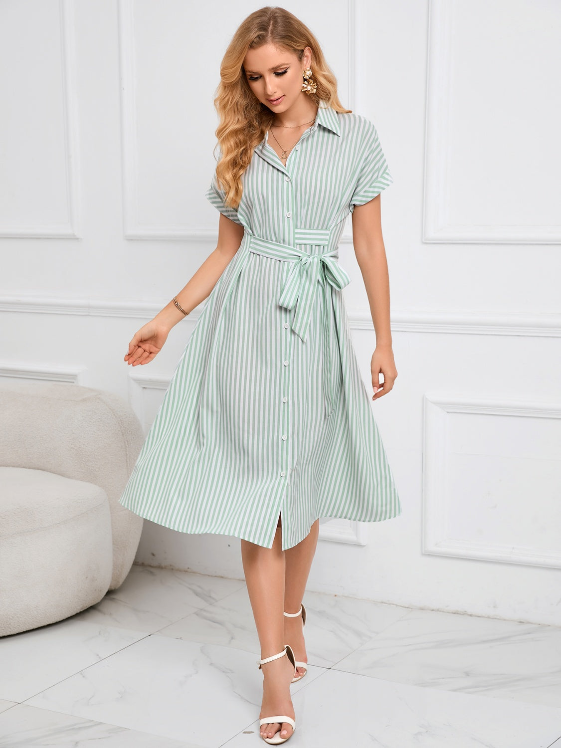 Striped Short Sleeve Tie Waist Midi Dress-TOPS / DRESSES-[Adult]-[Female]-2022 Online Blue Zone Planet