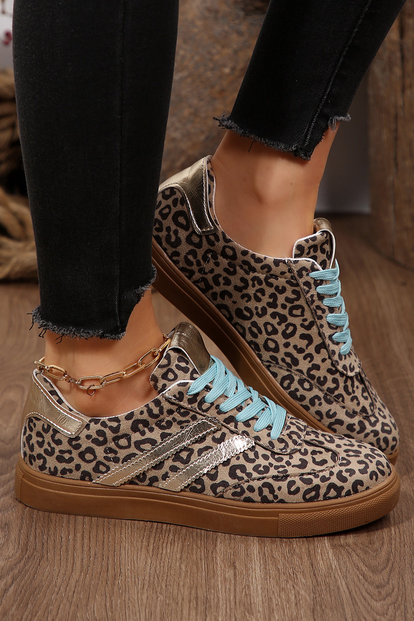Coffee Faux Suede Leopard Print Sleek PU Leather Detail Lace Up Sneakers-Shoes & Bags/Womens Shoes-[Adult]-[Female]-2022 Online Blue Zone Planet