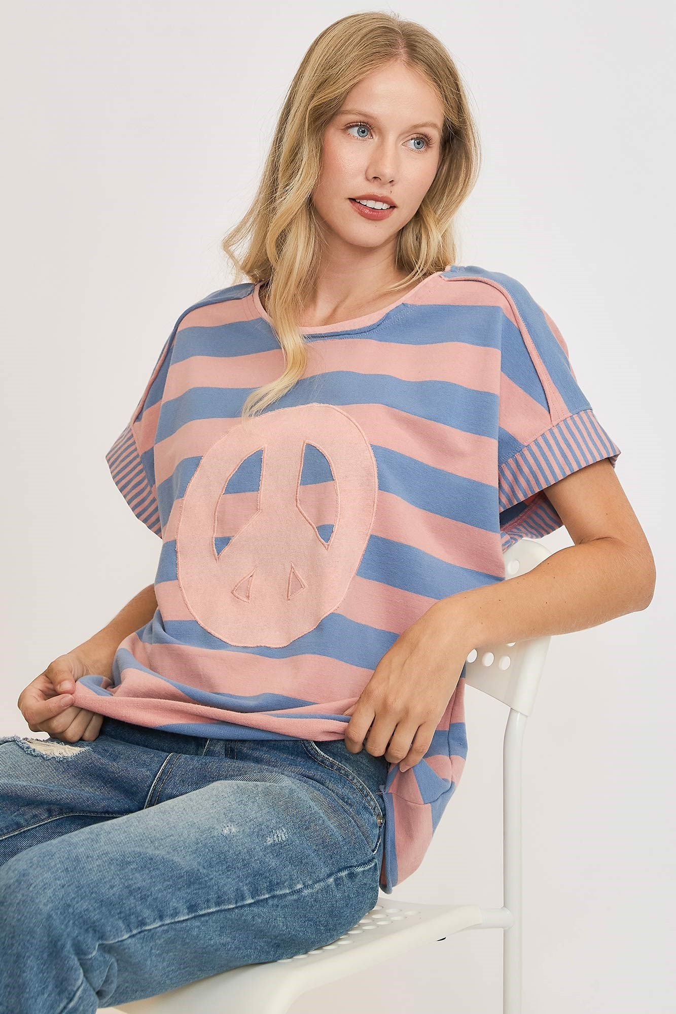 Umgee Peace Sign Patch Striped French Terry T-Shirt-TOPS / DRESSES-[Adult]-[Female]-Dusty Blue-S-2022 Online Blue Zone Planet