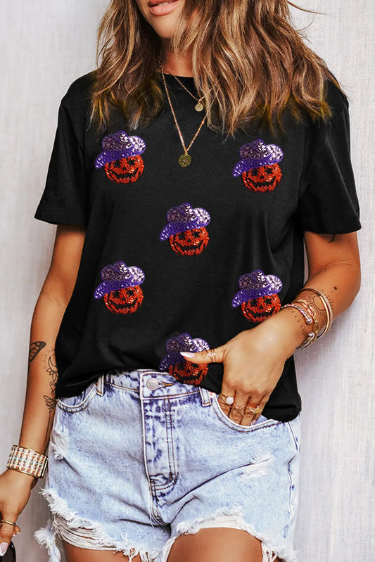 Sequin Pumpkin Round Neck Short Sleeve T-Shirt-TOPS / DRESSES-[Adult]-[Female]-Black-S-2022 Online Blue Zone Planet