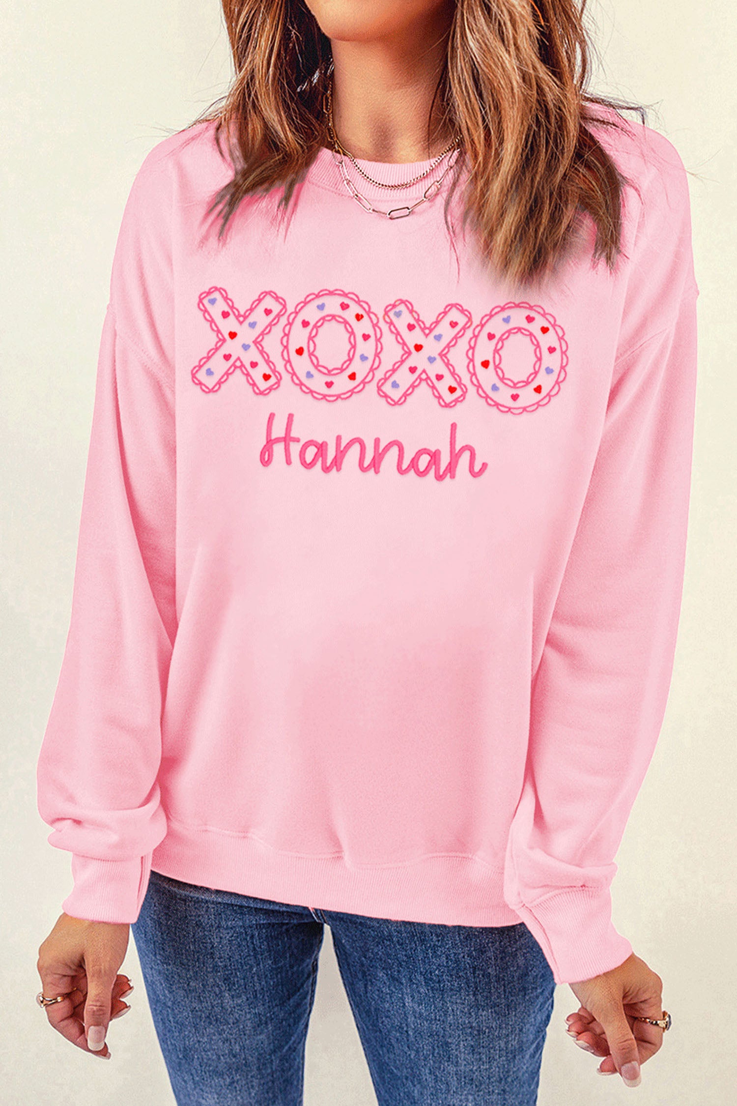 Pink Playful XOXO Letter Embroidered Hannah Pullover Sweatshirt-Graphic Sweatshirts-[Adult]-[Female]-2022 Online Blue Zone Planet
