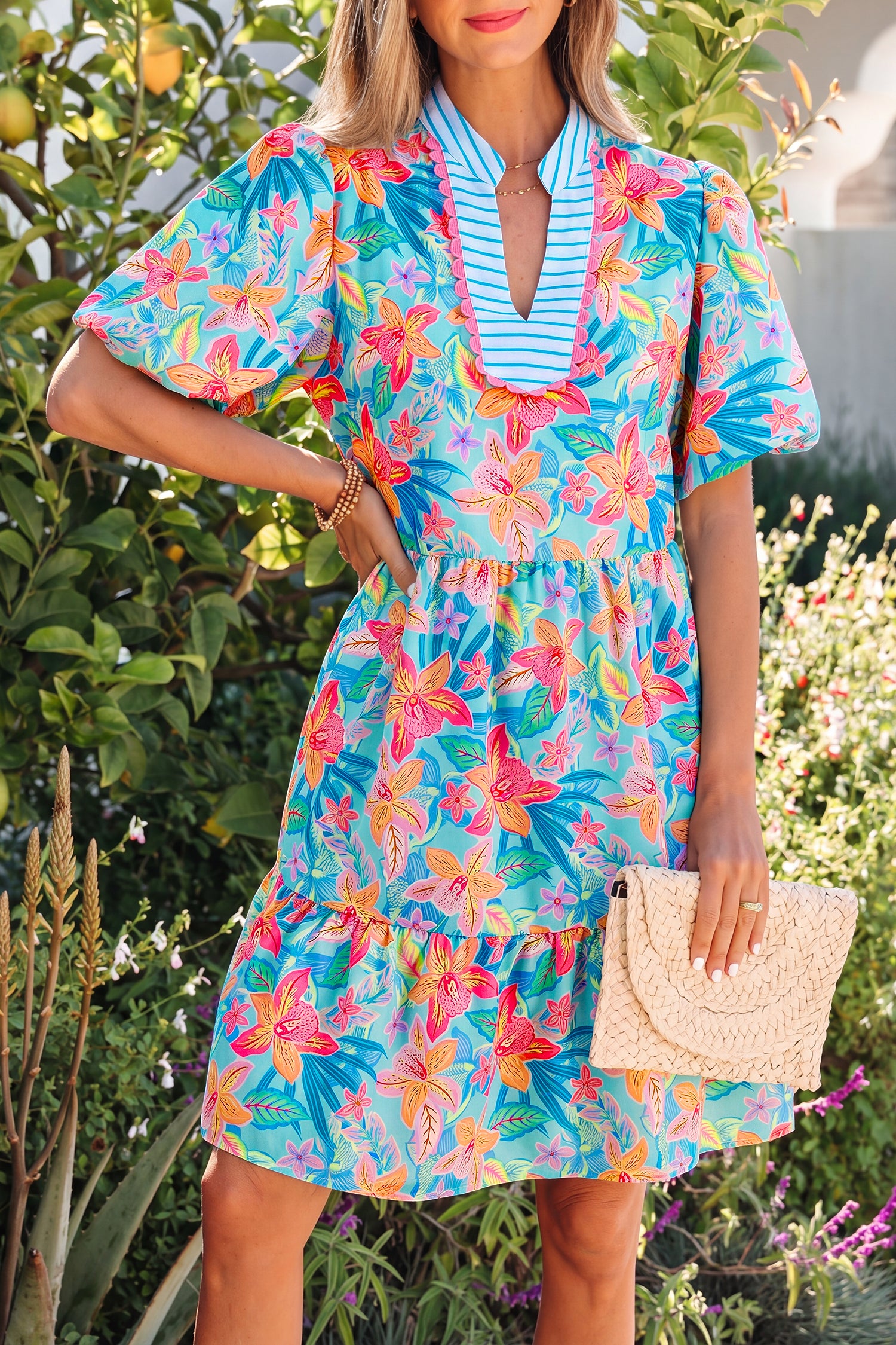 Multicolour Floral Print Contrast Scallop Striped Trim V Neck Dress-TOPS / DRESSES-[Adult]-[Female]-2022 Online Blue Zone Planet