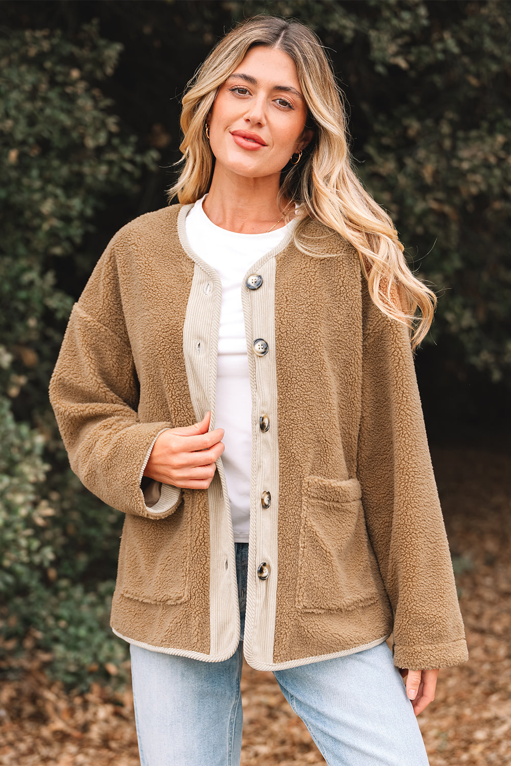 Light French Beige Puffy Plush Corduroy Edge Patchwork Jacket with Big Pockets-Outerwear/Jackets-[Adult]-[Female]-Light French Beige-S-2022 Online Blue Zone Planet