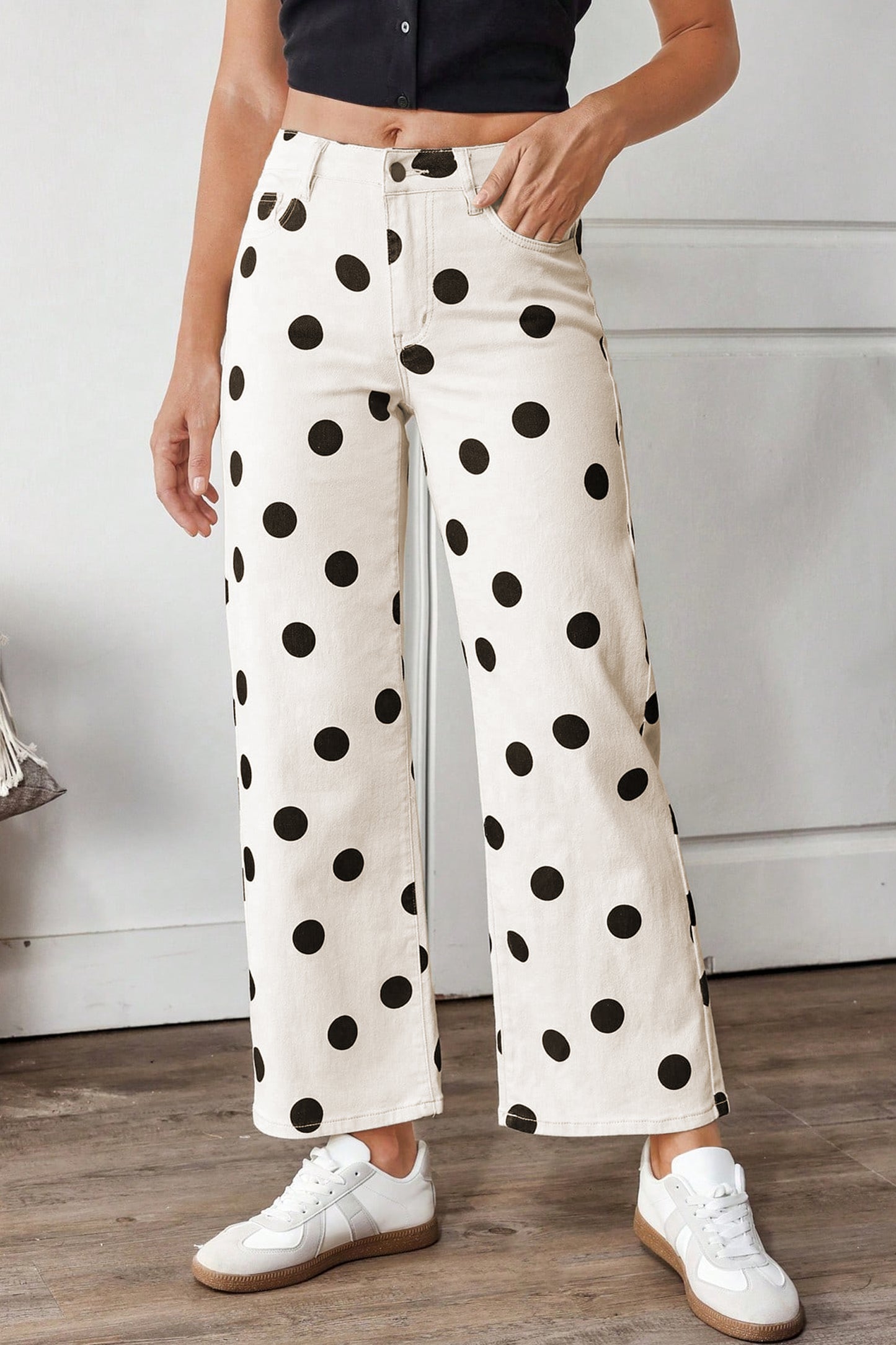 White Polka Dot Print Wide Leg Ankle-Length Jeans-Bottoms/Jeans-[Adult]-[Female]-White-4-2022 Online Blue Zone Planet