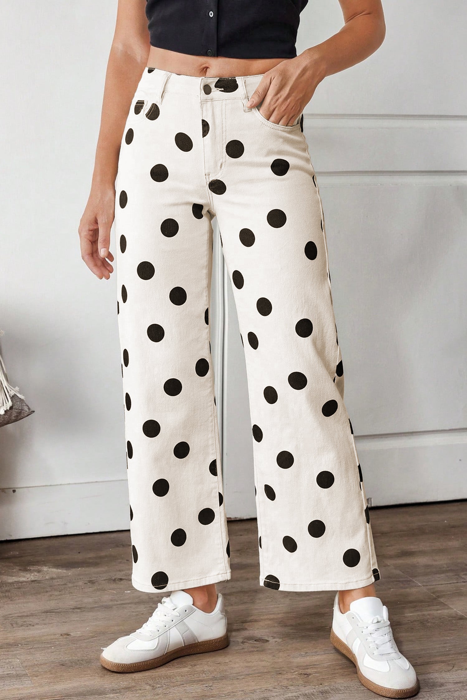 White Polka Dot Print Wide Leg Ankle-Length Jeans-Bottoms/Jeans-[Adult]-[Female]-White-4-2022 Online Blue Zone Planet