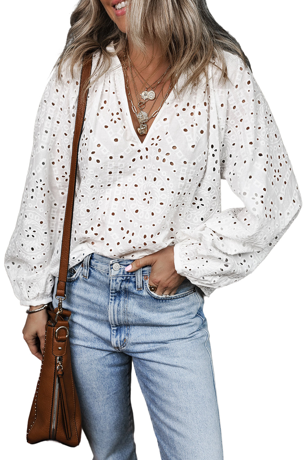 White Eyelet Embroidered Puff Sleeve V Neck Blouse-Blouses-[Adult]-[Female]-2022 Online Blue Zone Planet