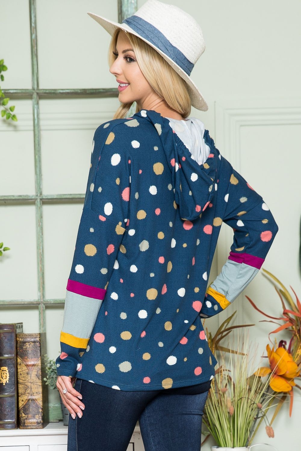 Blue Zone Planet | Celeste Full Size Polka Dot Drawstring Hoodie-TOPS / DRESSES-[Adult]-[Female]-2022 Online Blue Zone Planet