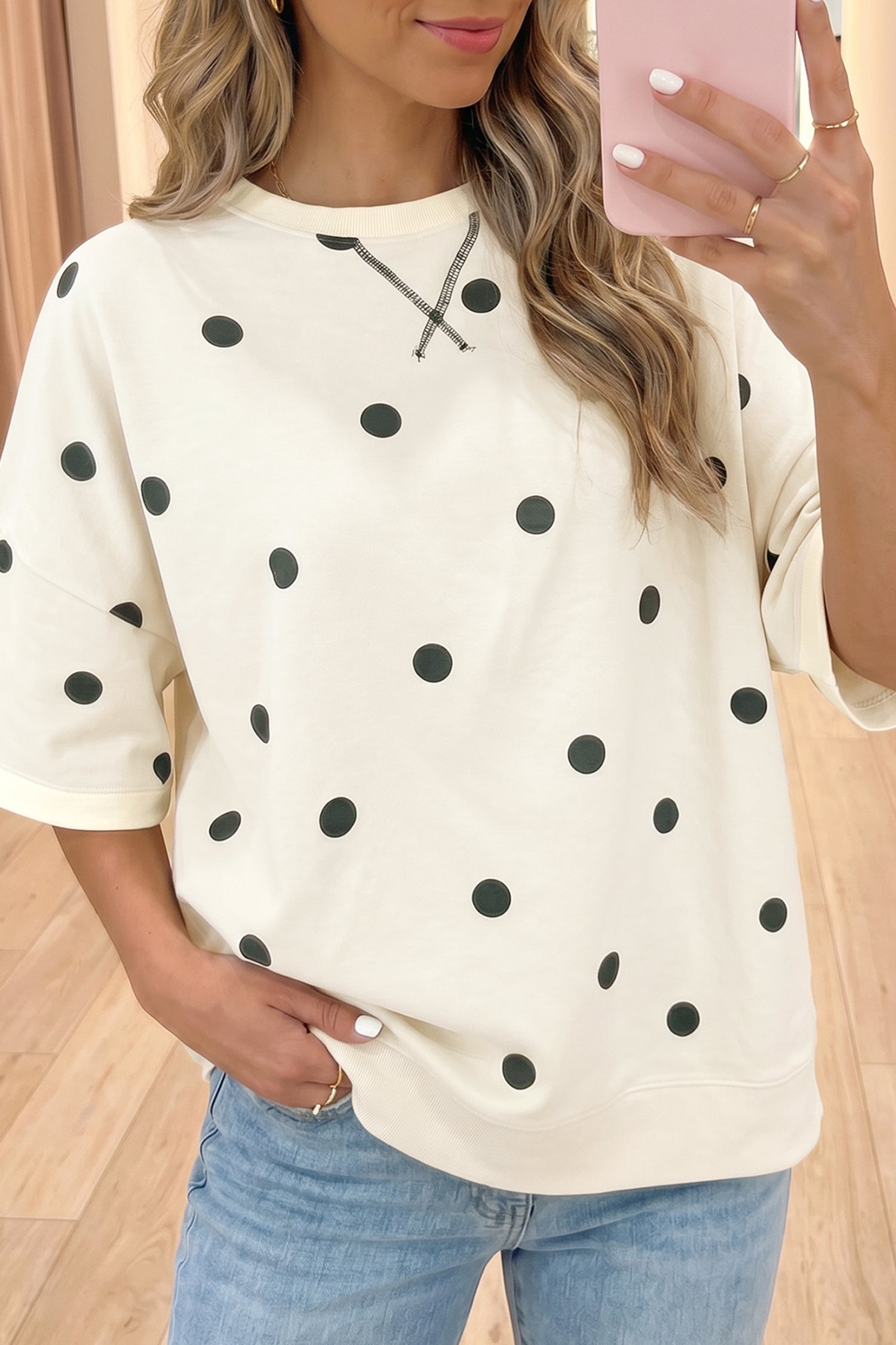 Beige Polka Dot Print Crossed Seam Detail Oversize Tee-Tops/Tops & Tees-[Adult]-[Female]-Beige-S-2022 Online Blue Zone Planet
