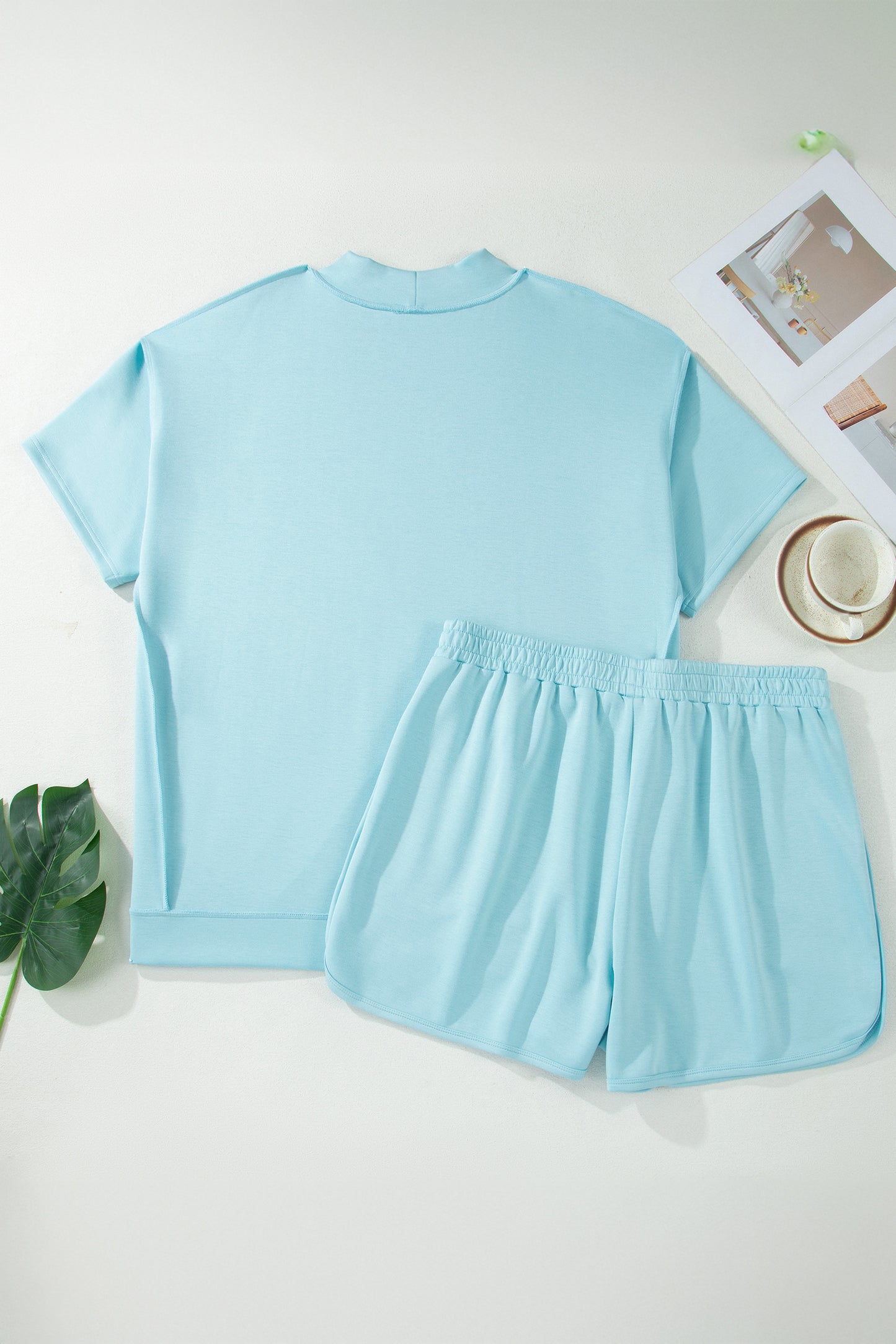 Mist Blue Solid Color Mock Neck Half Sleeve Top Plus Size 2pcs Short Set-Plus Size/Plus Size Loungewear-[Adult]-[Female]-2022 Online Blue Zone Planet