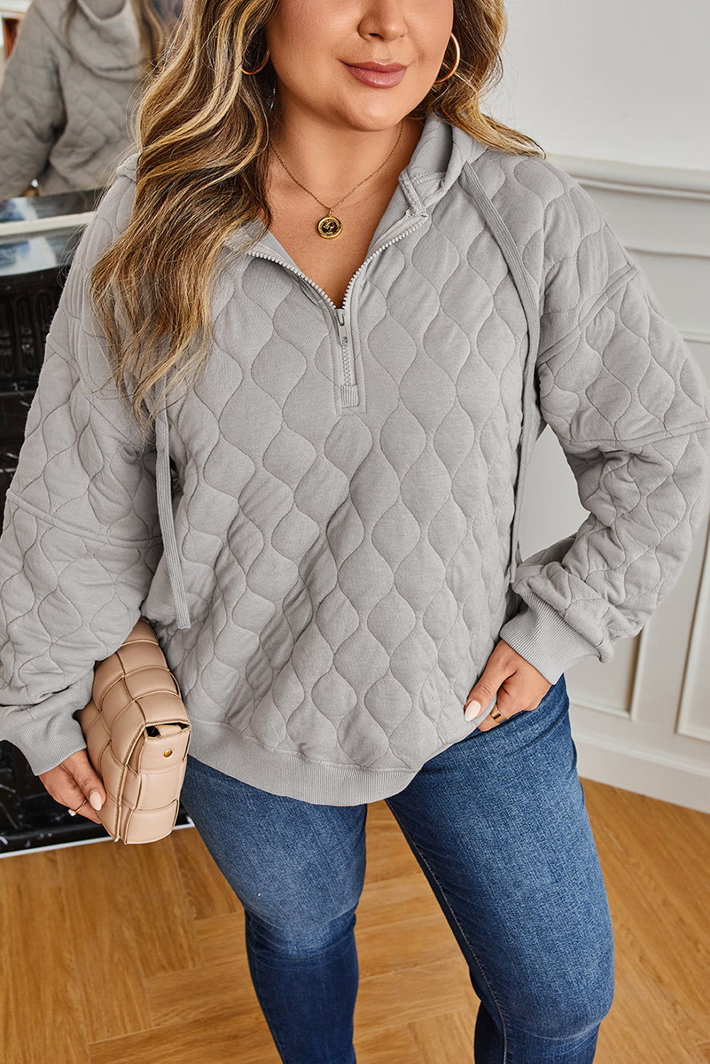 Gray Quilted Quarter Zip Plus Size Hoodie-Plus Size/Plus Size Sweatshirts & Hoodies-[Adult]-[Female]-2022 Online Blue Zone Planet