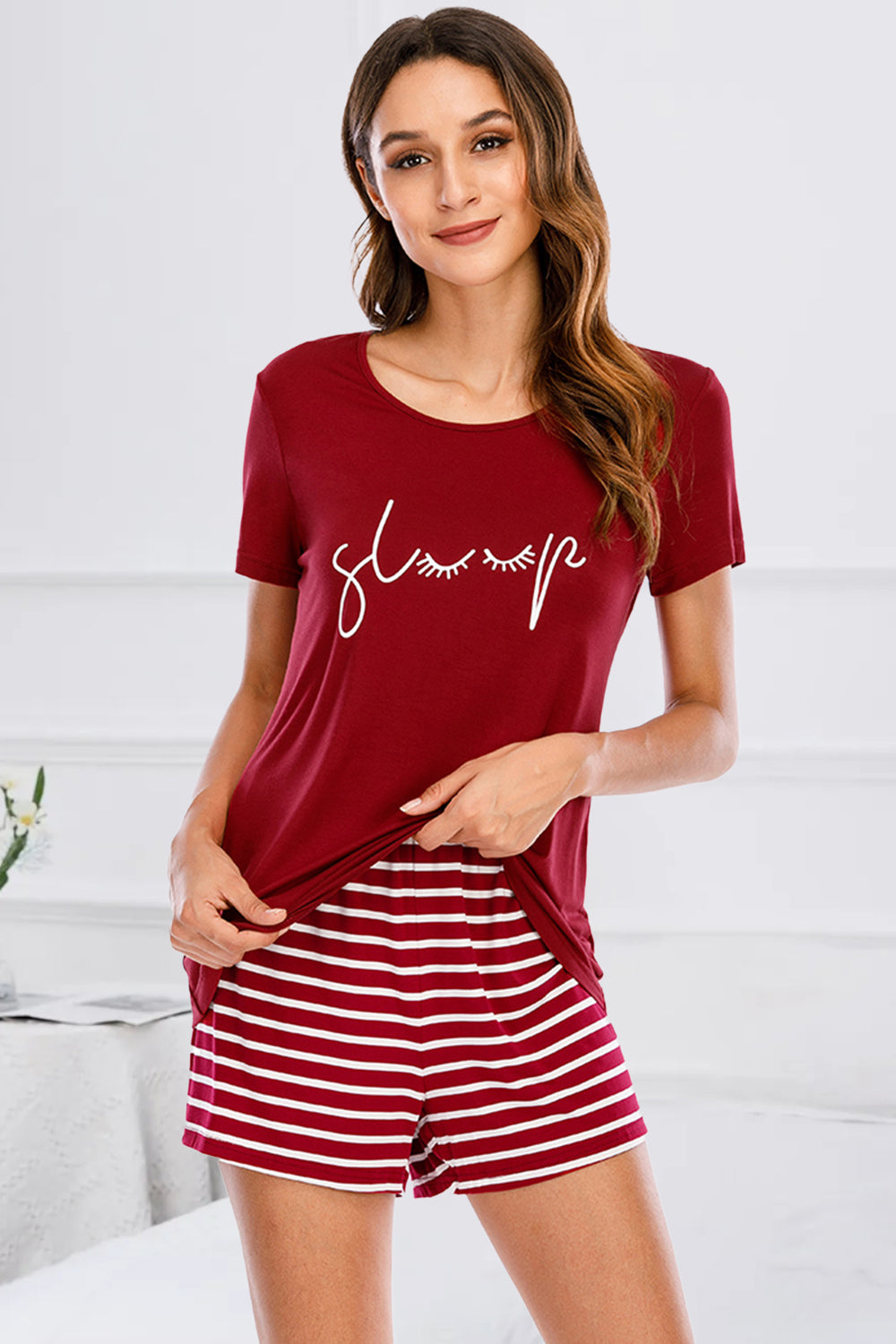 Graphic Round Neck Top and Striped Shorts Lounge Set-TOPS / DRESSES-[Adult]-[Female]-Scarlet-S-2022 Online Blue Zone Planet