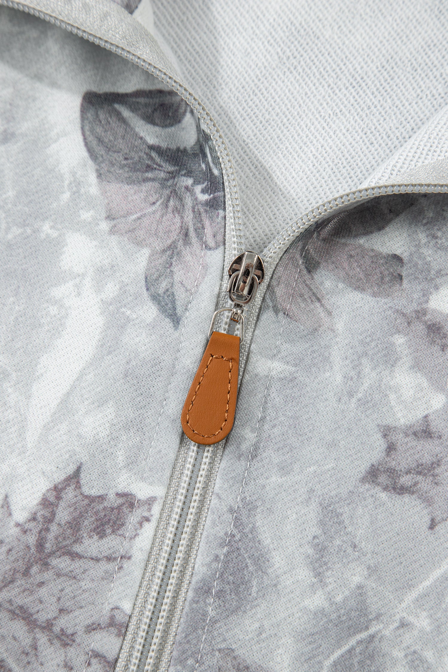 Gray Camo Leaf Print Kangaroo Pocket Quarter Zip Hoodie-Tops / Dresses-[Adult]-[Female]-2022 Online Blue Zone Planet