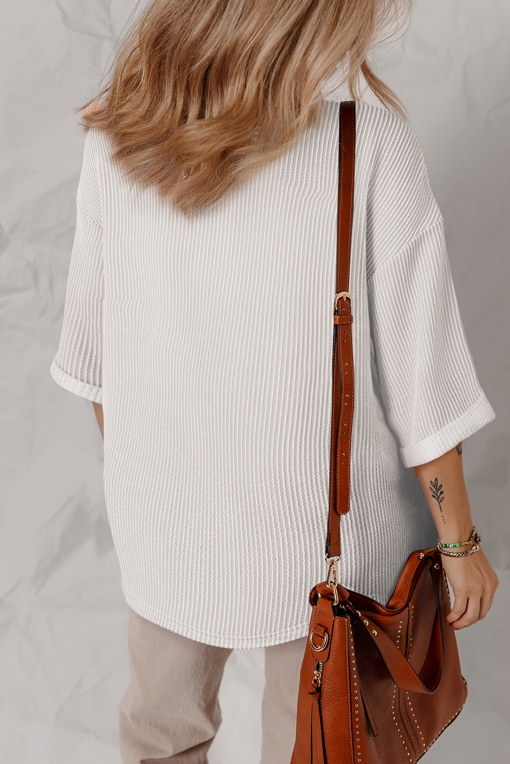 Blue Zone Planet | White Solid Color Corded Drop Shoulder 3/4 Sleeve V Neck Top-Tops/Long Sleeve Tops-[Adult]-[Female]-2022 Online Blue Zone Planet