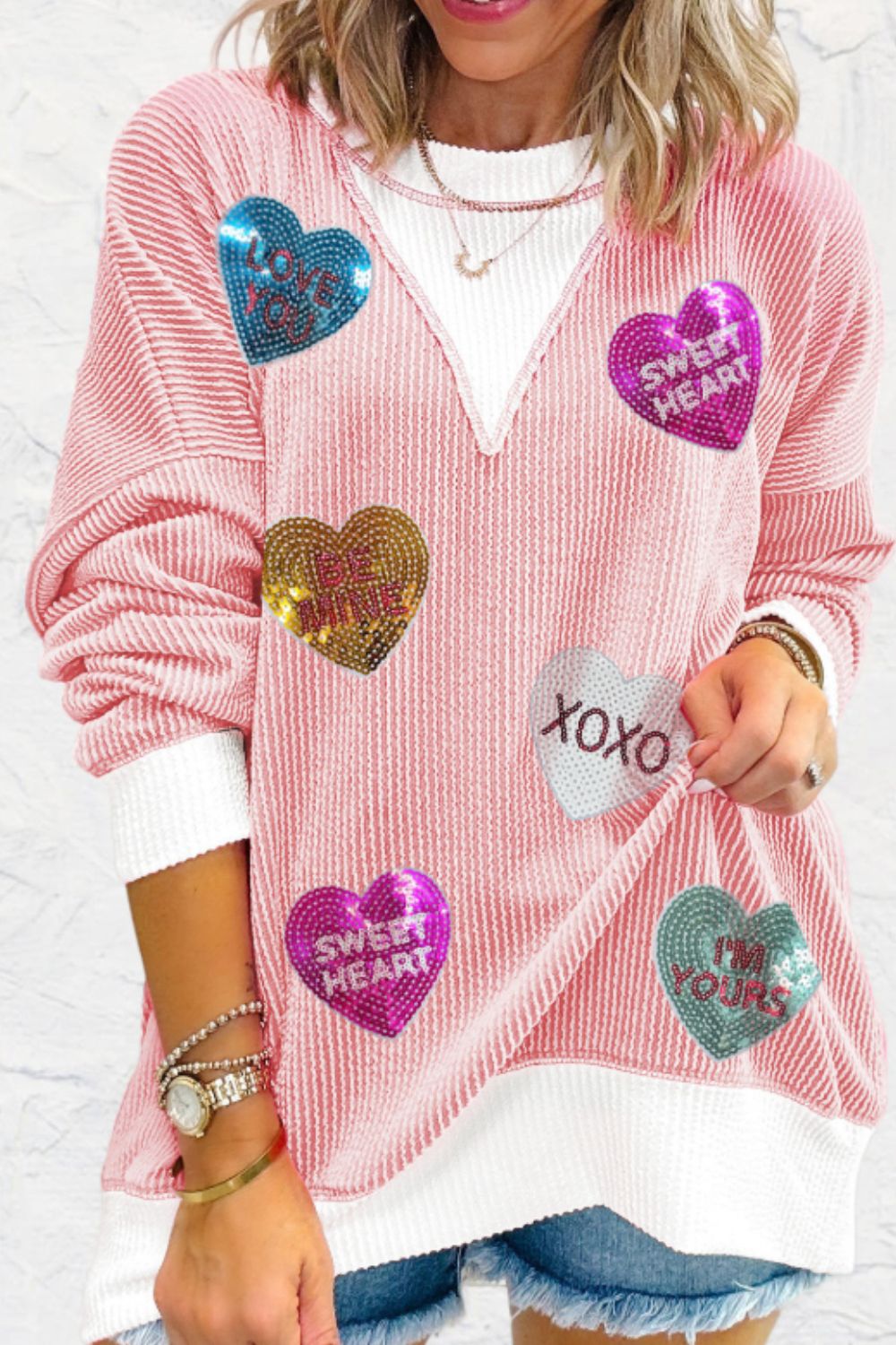 Valentine’s Day Sequin Heart Long Sleeve Sweatshirt-TOPS / DRESSES-[Adult]-[Female]-Blush Pink-S-2022 Online Blue Zone Planet