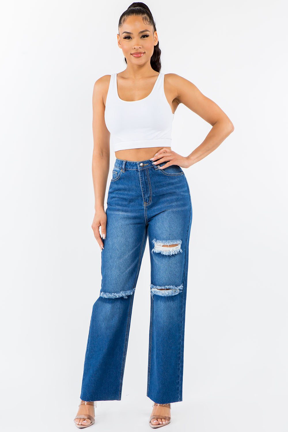 Blue Zone Planet | American Bazi High Waist Distressed Wide Leg Jeans-TOPS / DRESSES-[Adult]-[Female]-2022 Online Blue Zone Planet