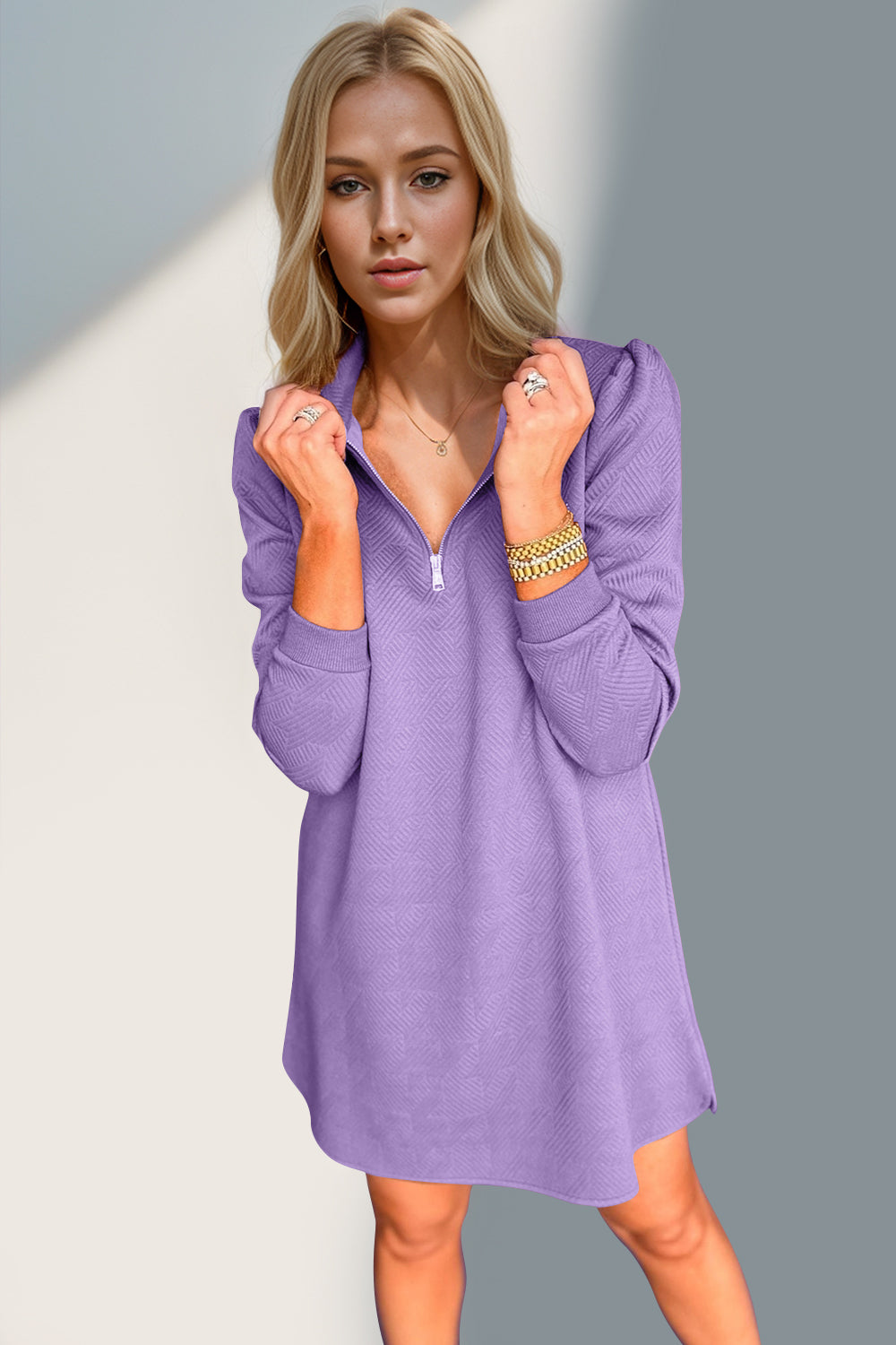 Blue Zone Planet | Double Take Textured Quarter Zip Long Sleeve Dress-TOPS / DRESSES-[Adult]-[Female]-Lavender-S-2022 Online Blue Zone Planet