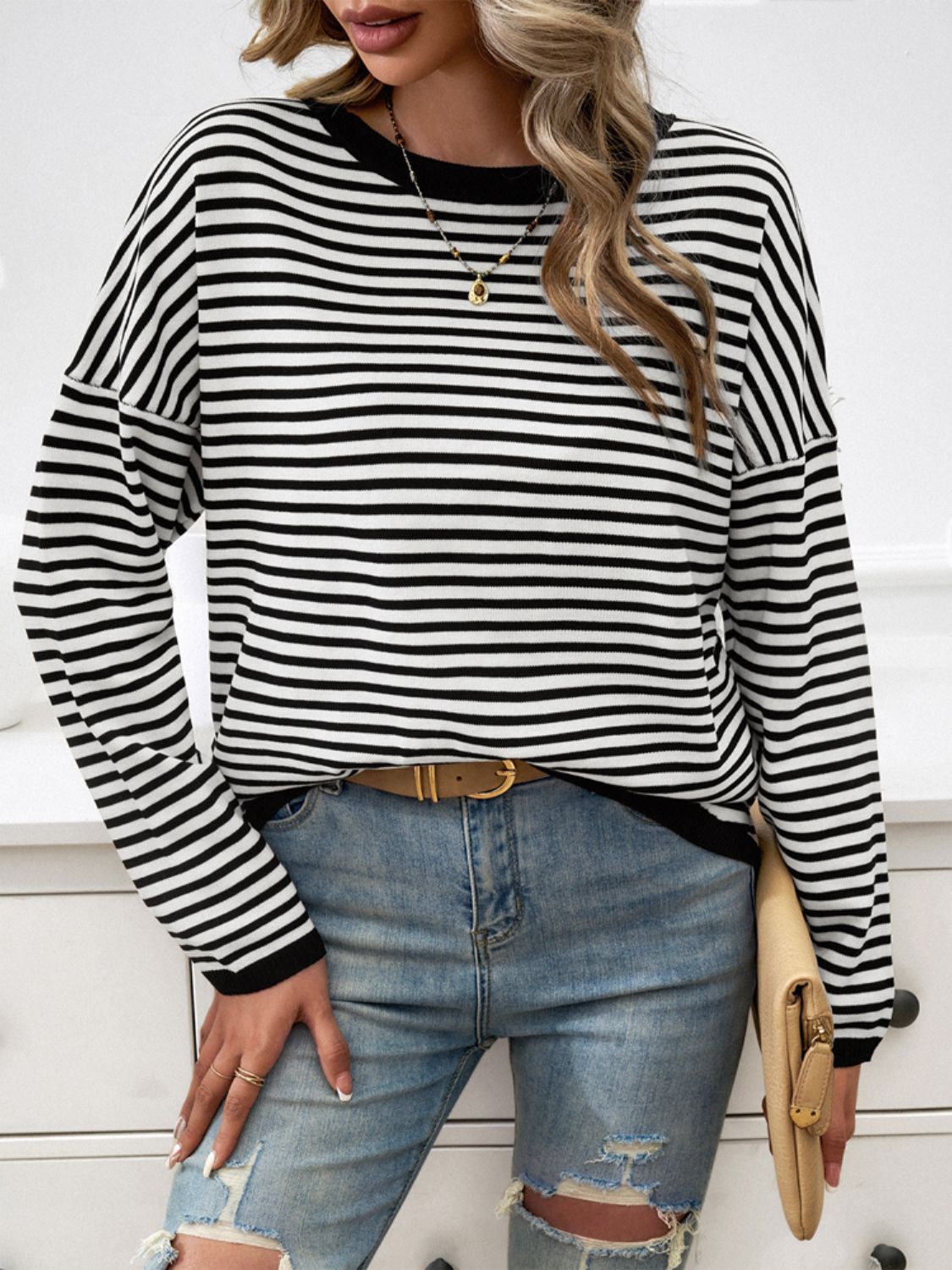 Striped Round Neck Dropped Shoulder Sweater-TOPS / DRESSES-[Adult]-[Female]-2022 Online Blue Zone Planet