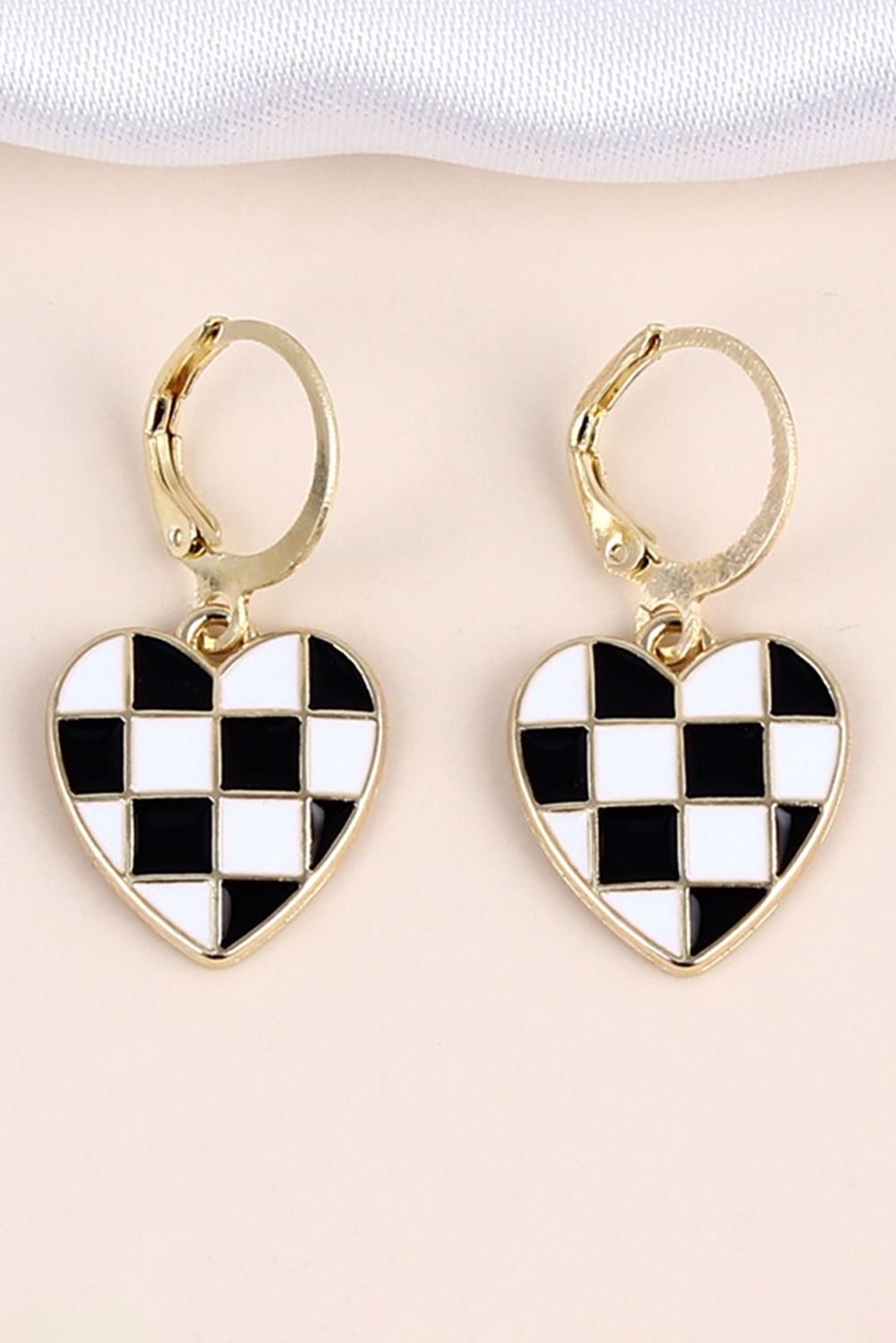 Black Checkered Heart Shaped Hoop Dangle Earrings