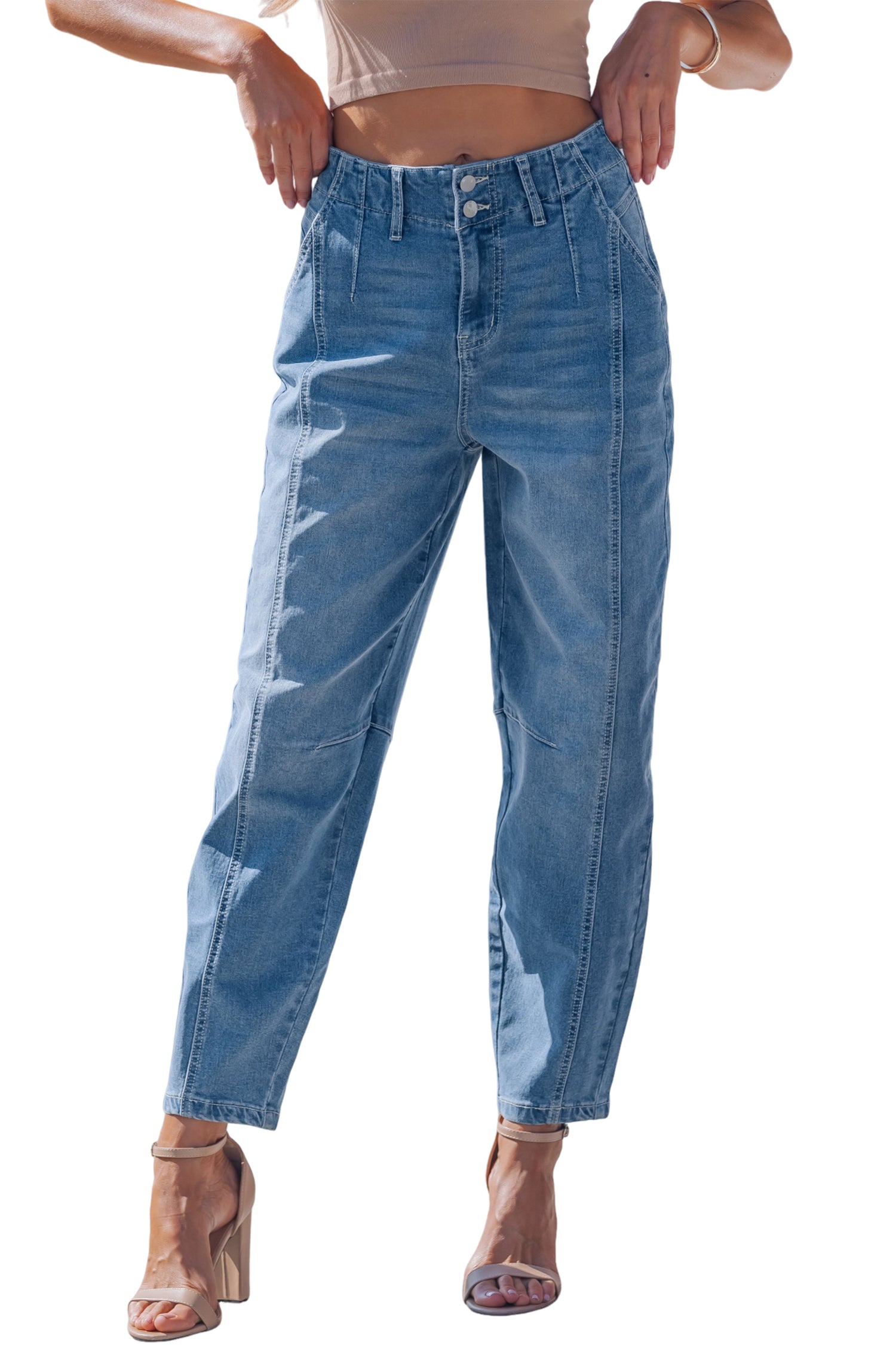 Sky Blue Medium Wash Cuffed Barrel Jeans-TOPS / DRESSES-[Adult]-[Female]-2022 Online Blue Zone Planet
