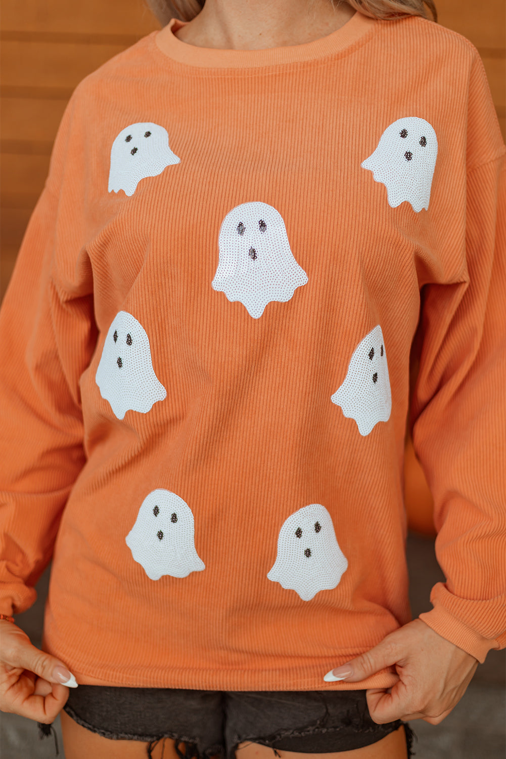 Orange Twisted Ribbed Texture Halloween Ghost Sequin Patched Sweatshirt-Graphic/Graphic Sweatshirts-[Adult]-[Female]-2022 Online Blue Zone Planet