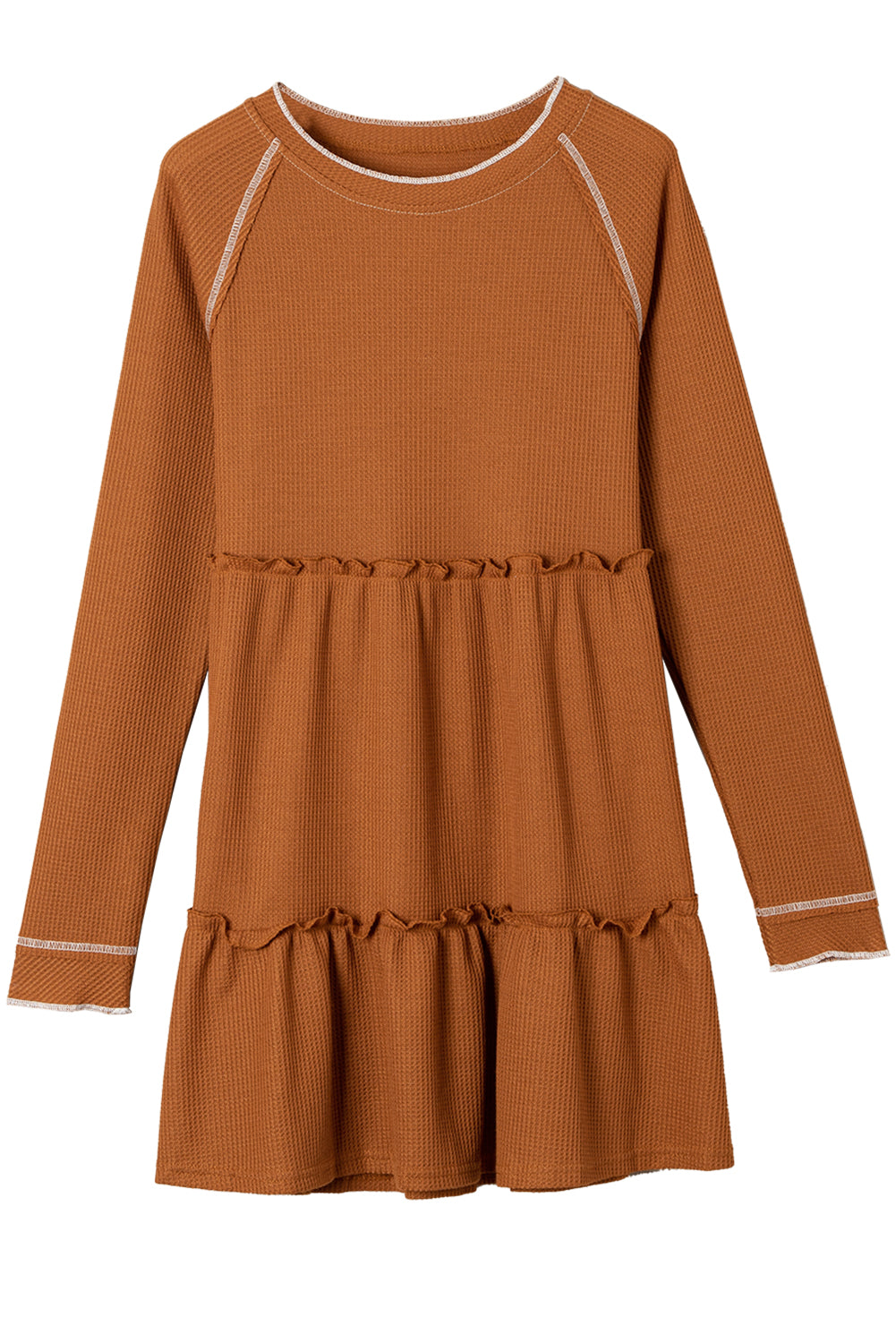 Blue Zone Planet | Chestnut Textured Tiered Ruffled Long Sleeve Mini Dress-TOPS / DRESSES-[Adult]-[Female]-2022 Online Blue Zone Planet