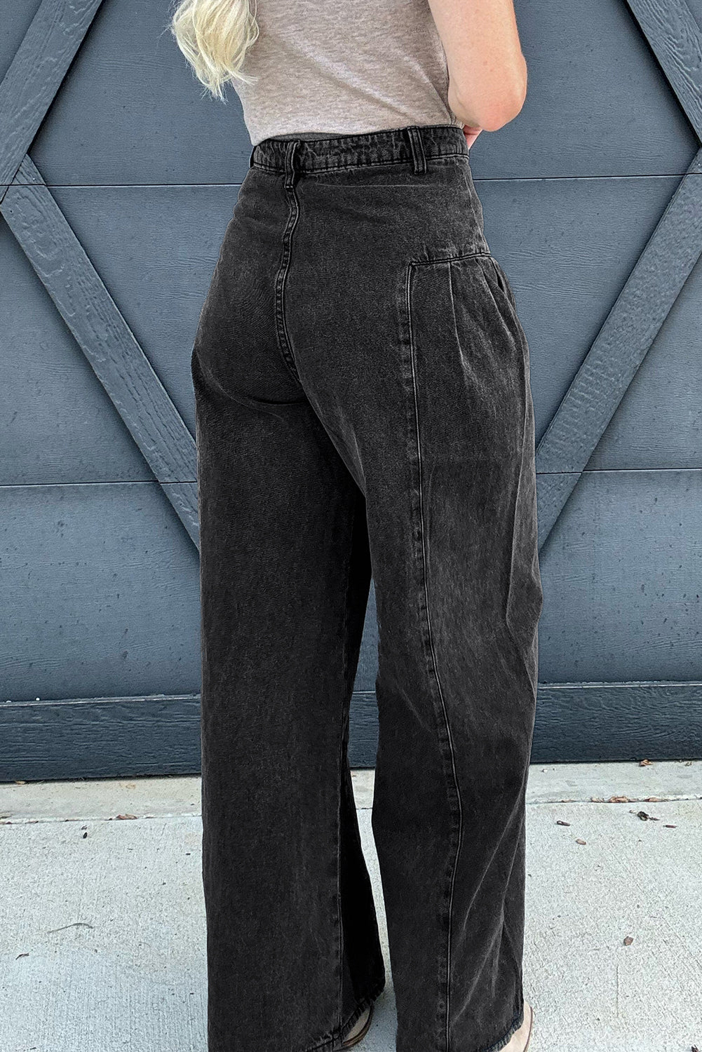 Dark Grey Pleated Wide Leg Mineral Wash Denim Pants-Bottoms/Jeans-[Adult]-[Female]-2022 Online Blue Zone Planet