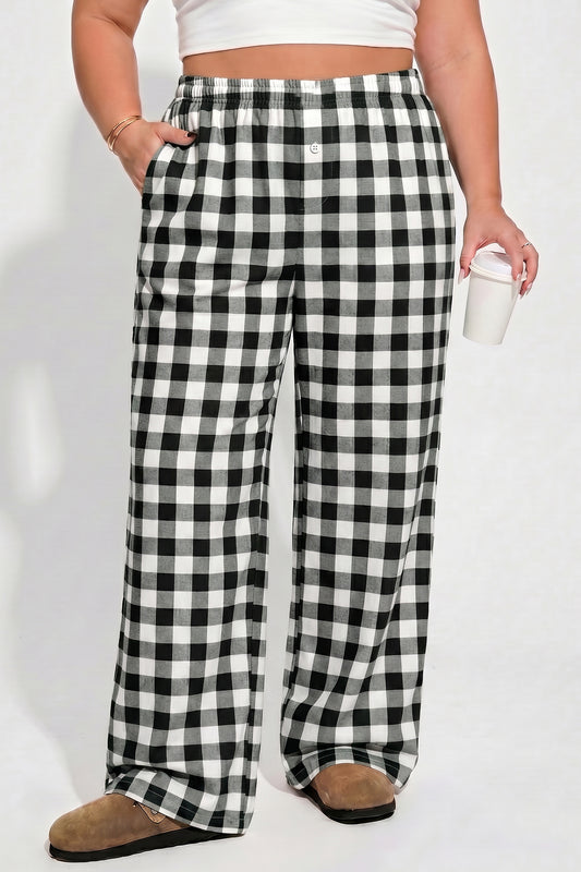 Black Plus Size Plaid Pattern Elastic Waist Shift Pants-Plus Size/Plus Size Bottoms-[Adult]-[Female]-Black-1X-2022 Online Blue Zone Planet