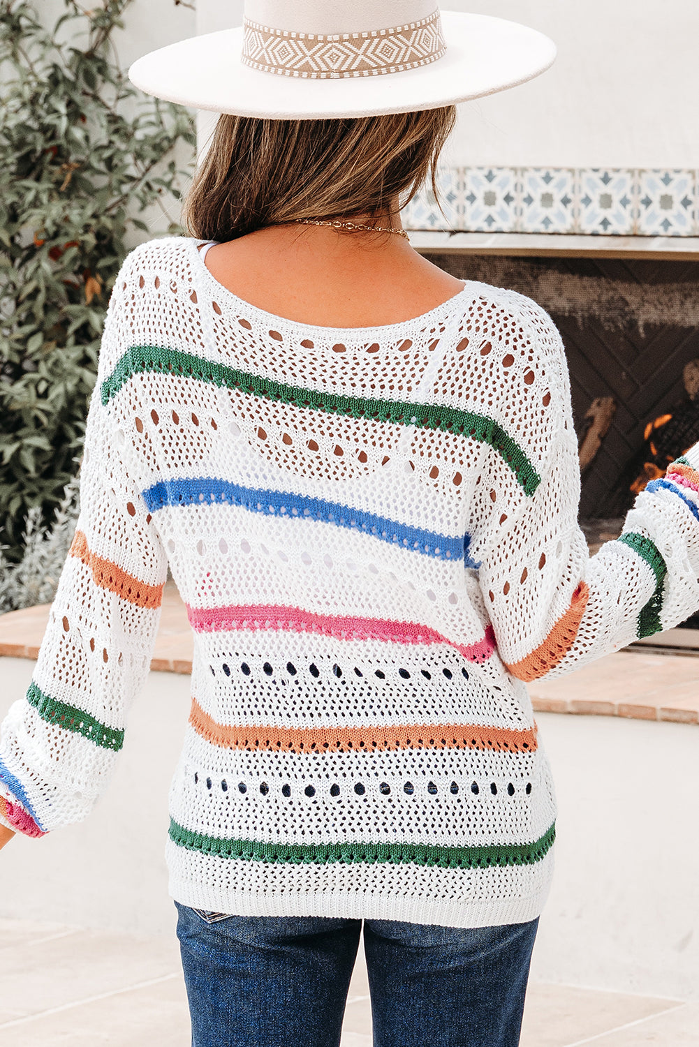 White Color Block Striped Pointelle Knit Sweater-TOPS / DRESSES-[Adult]-[Female]-2022 Online Blue Zone Planet