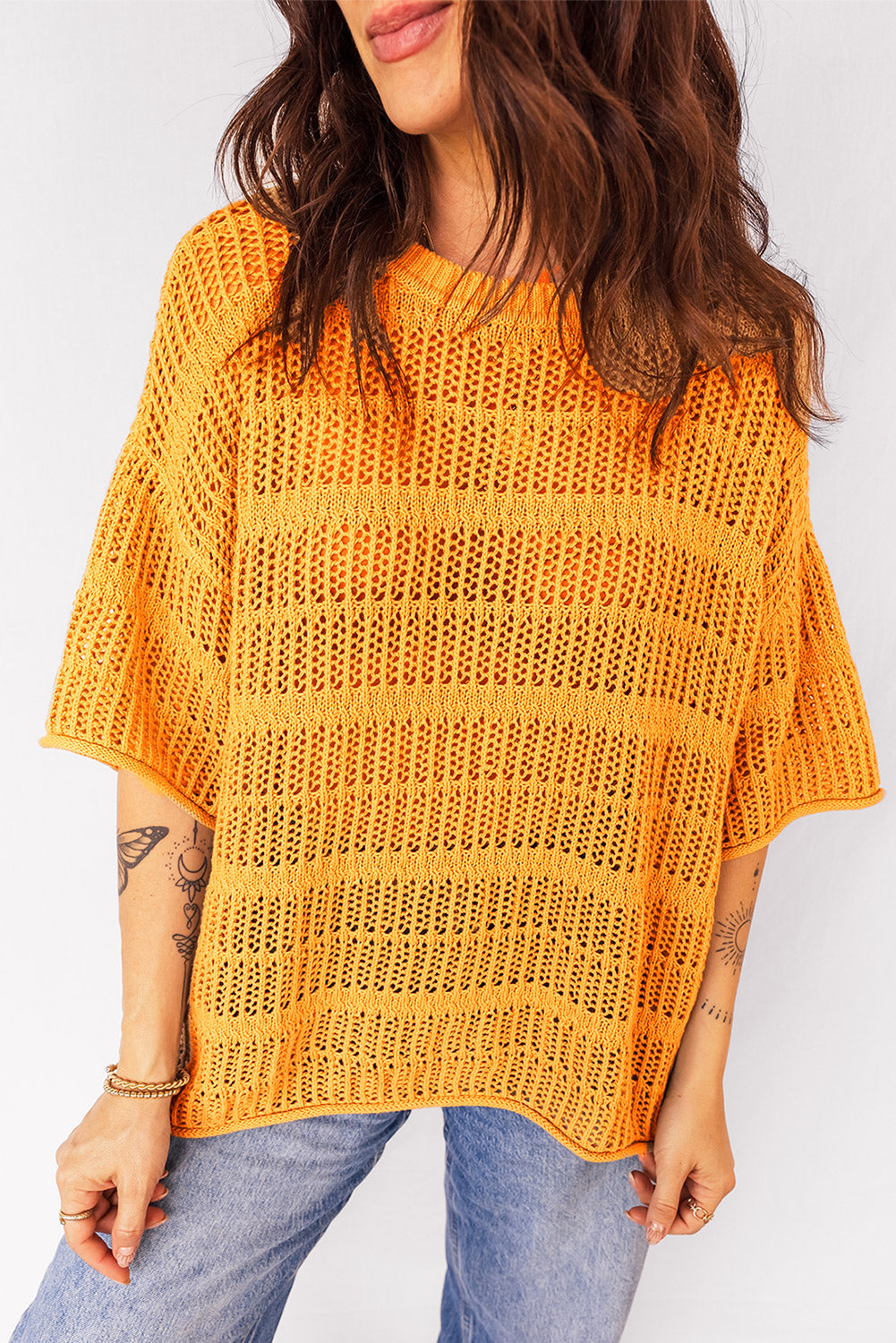 Mustard Hollow out Openwork Knit 3/4 Sleeve Sweater-TOPS / DRESSES-[Adult]-[Female]-2022 Online Blue Zone Planet