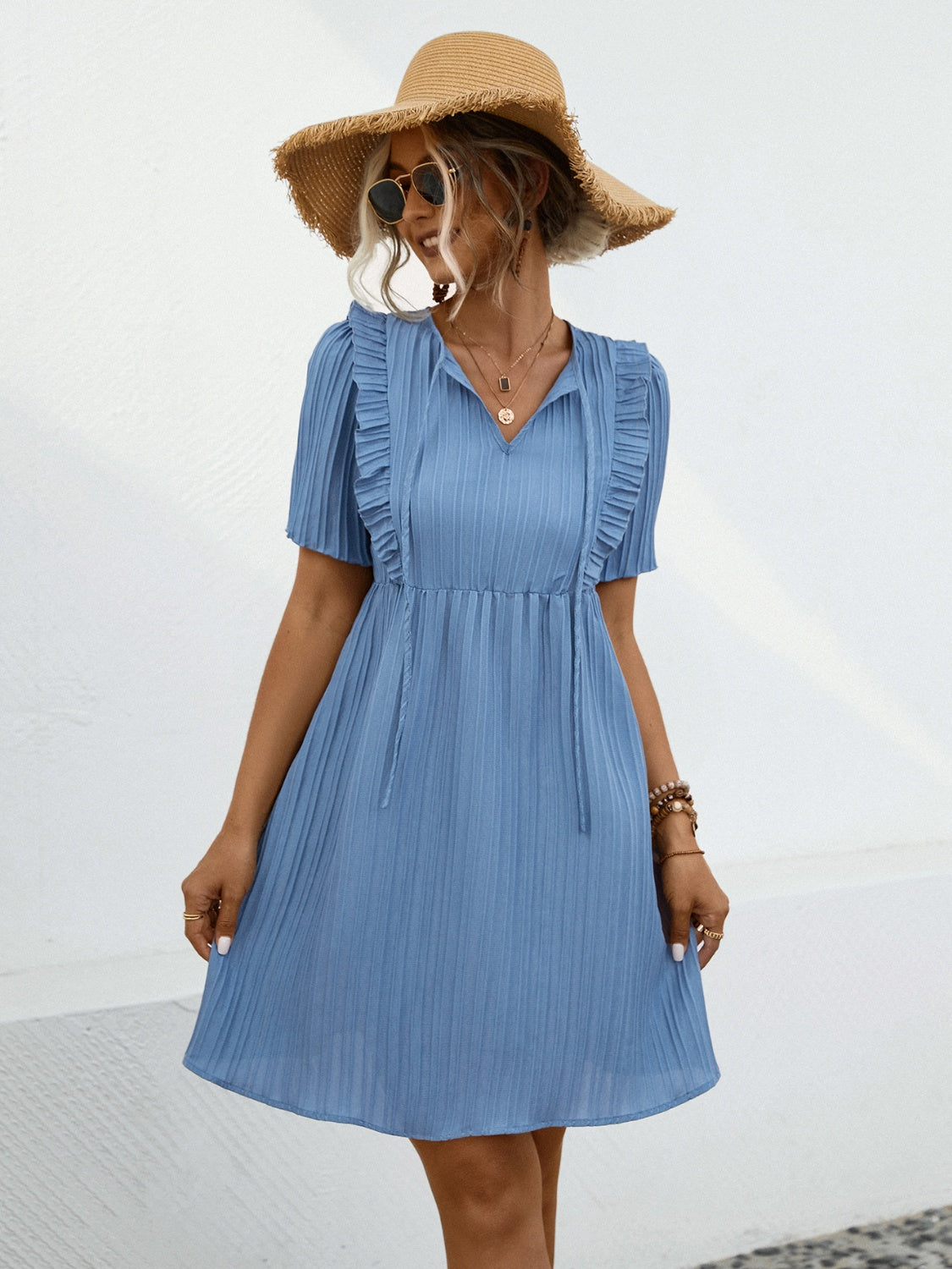 Tie Neck Short Sleeve Mini Dress-TOPS / DRESSES-[Adult]-[Female]-2022 Online Blue Zone Planet