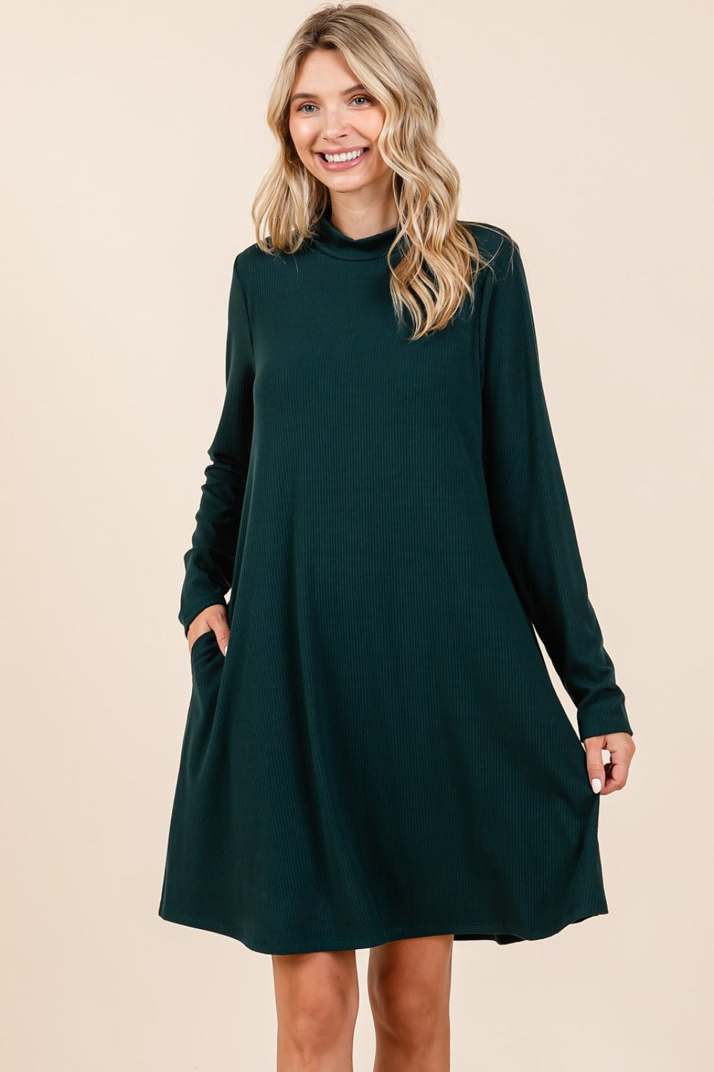 Mittoshop Mock Neck Long Sleeve Dress with Pockets-TOPS / DRESSES-[Adult]-[Female]-2022 Online Blue Zone Planet