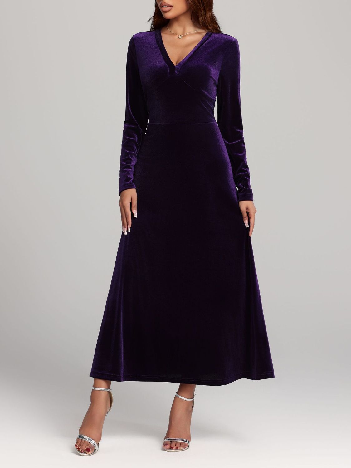 Blue Zone Planet | V-Neck Long Sleeve Velvet Dress-TOPS / DRESSES-[Adult]-[Female]-2022 Online Blue Zone Planet