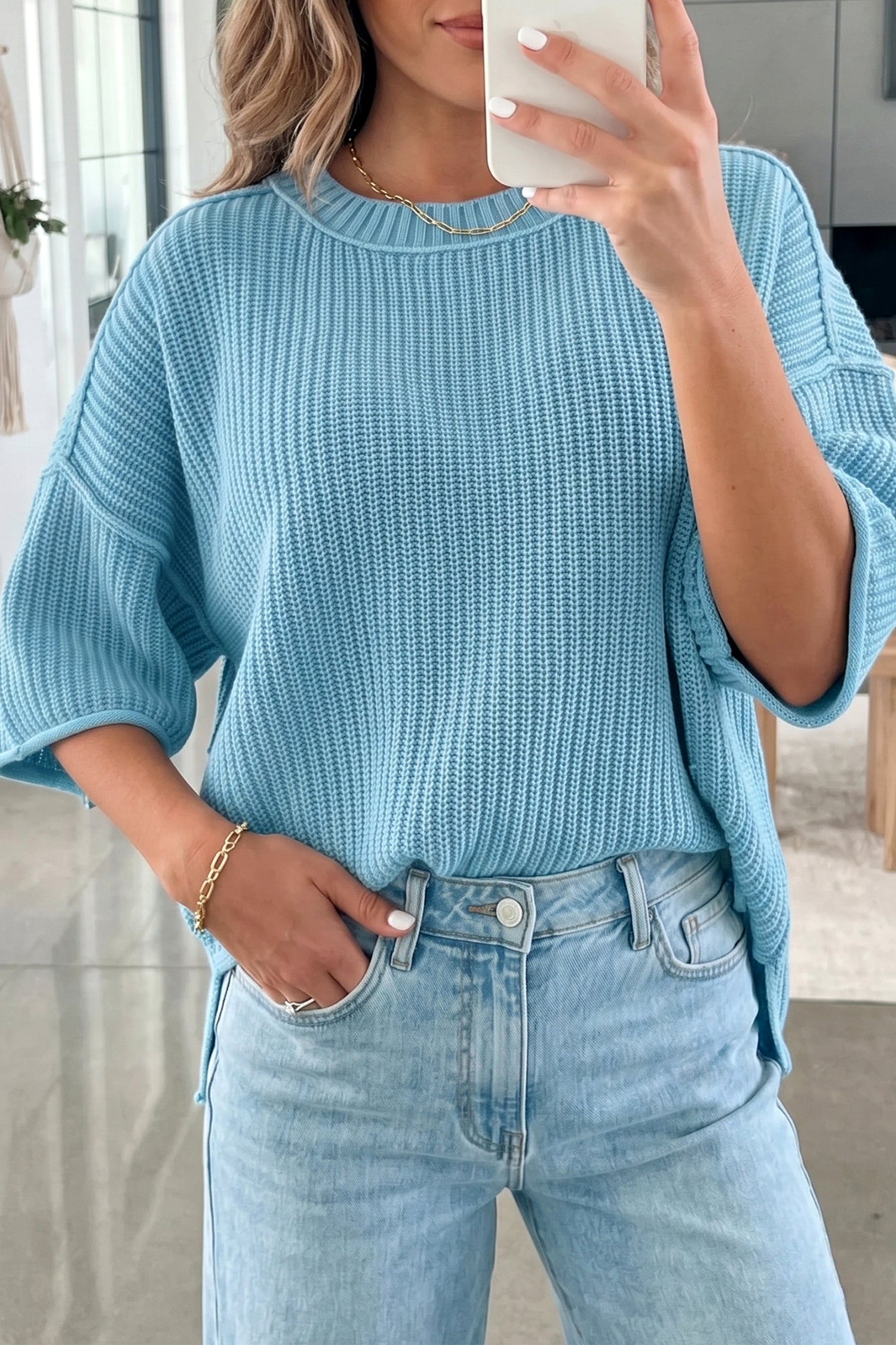 Mist Blue Exposed Seam Detail Half Sleeve Loose Sweater-Sweaters & Cardigans/Short Sleeve Sweaters-[Adult]-[Female]-2022 Online Blue Zone Planet
