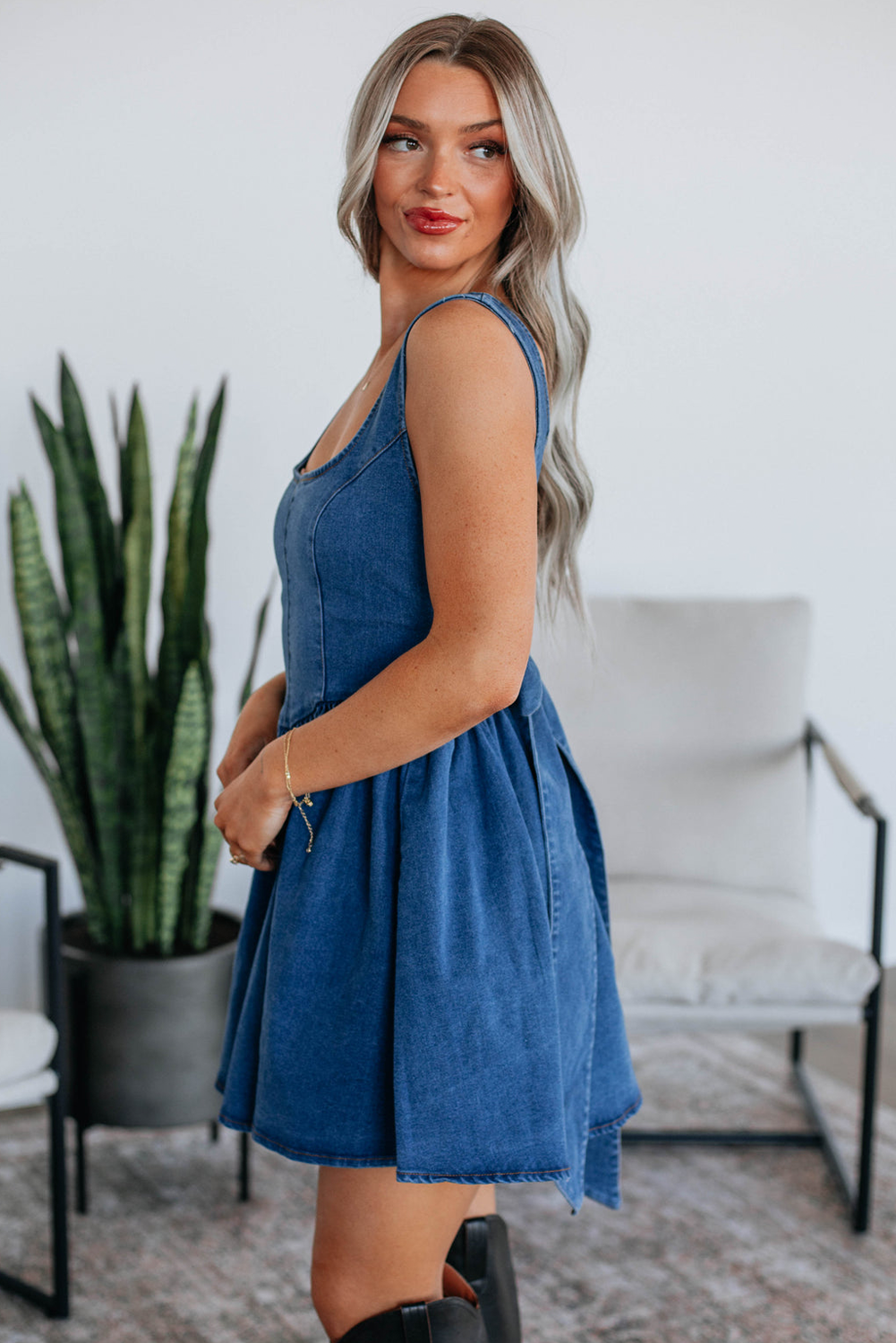 Sail Blue Square Neck Bowknot A-line Sleeveless Denim Dress-TOPS / DRESSES-[Adult]-[Female]-2022 Online Blue Zone Planet